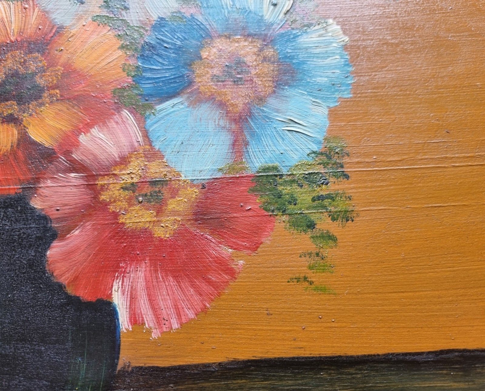 Art Framed Oil Painting On Board Still Life Vibrant Flowers In Vase photo