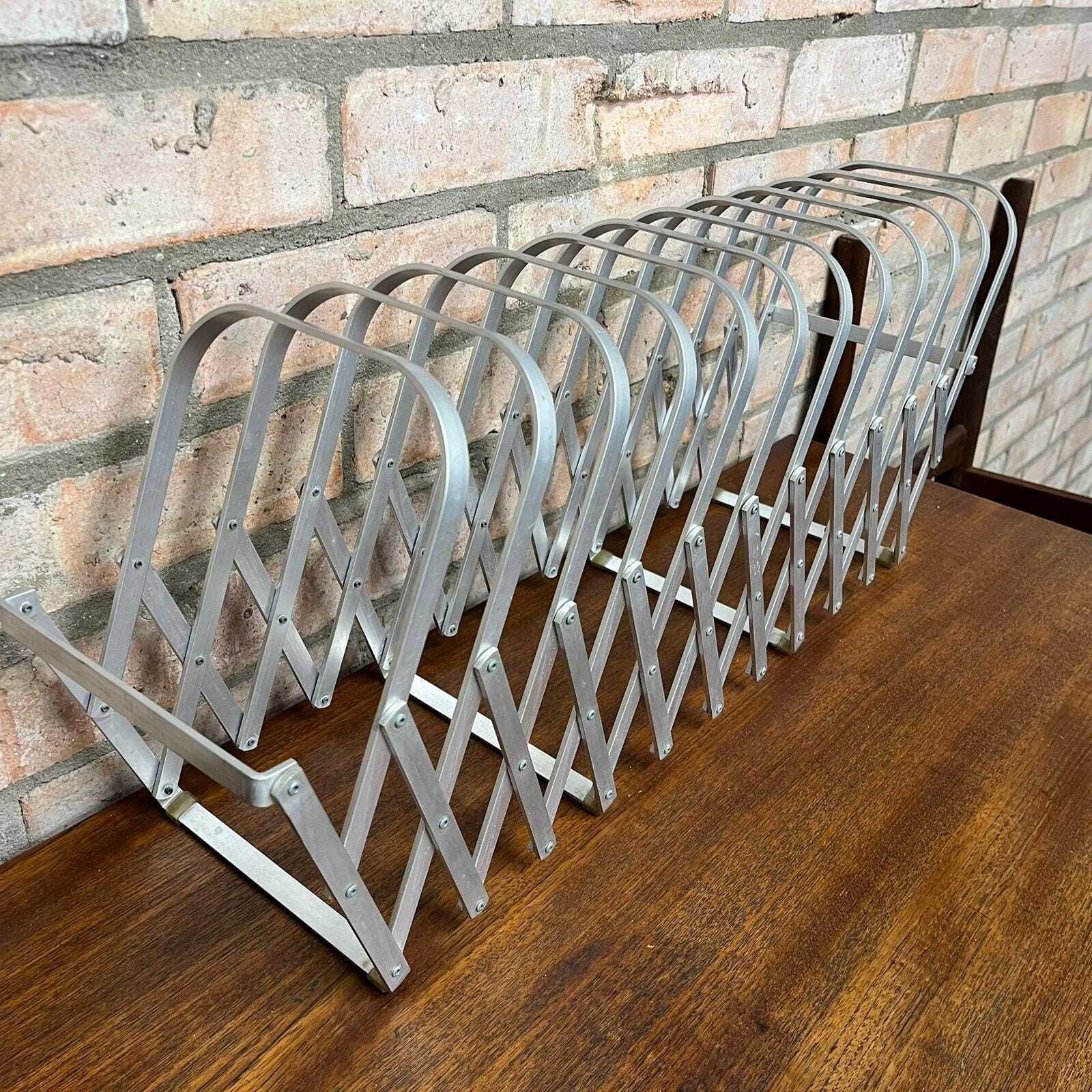 Rare Mid Century Aluminium Concertina Extendable Magazine Rack Book Holder 1960s photo furniture