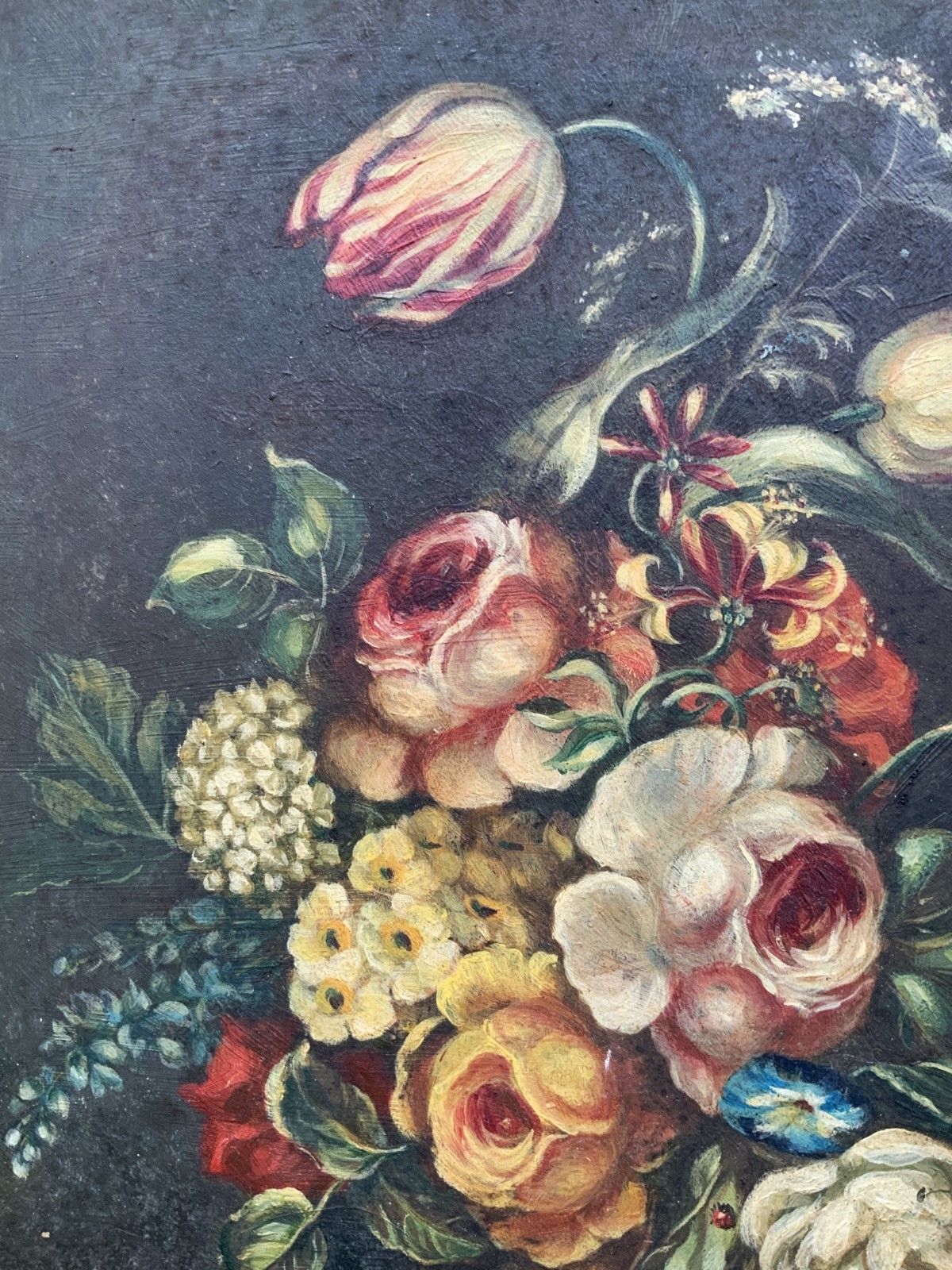 Beautiful Late 19th Century Dutch Antique Still Life Tulips & Roses Oil Painting photo vintage