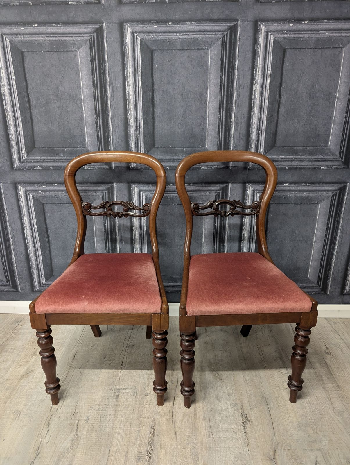 Pair Of Victorian Balloon Back Mahogany Dining Chairs With Carved Splat & Pink Upholstery, C.1870 photo for sale
