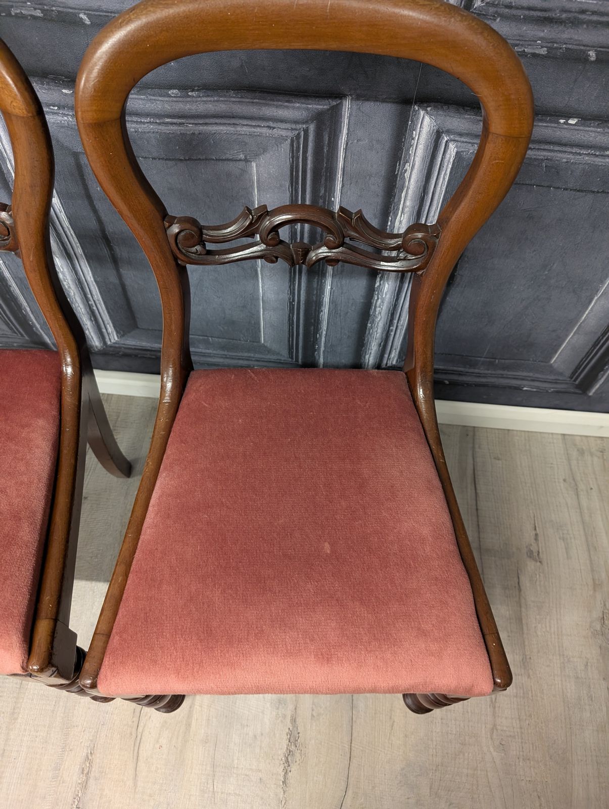 Pair Of Victorian Balloon Back Mahogany Dining Chairs With Carved Splat & Pink Upholstery, C.1870 photo buy