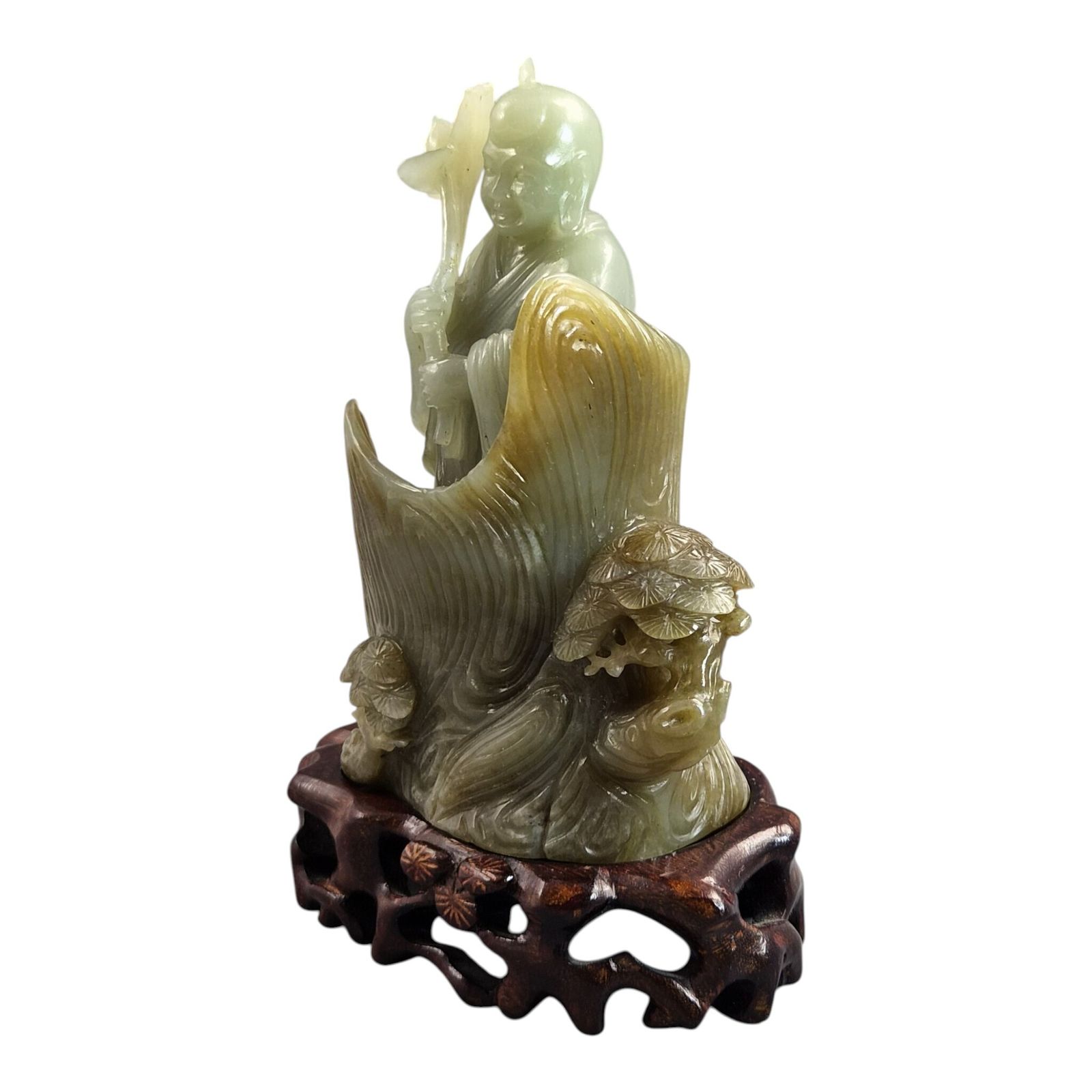 Groot Chinees gesneden jadeïet lotusbeeldje op bijpassende houten standaard photo furniture