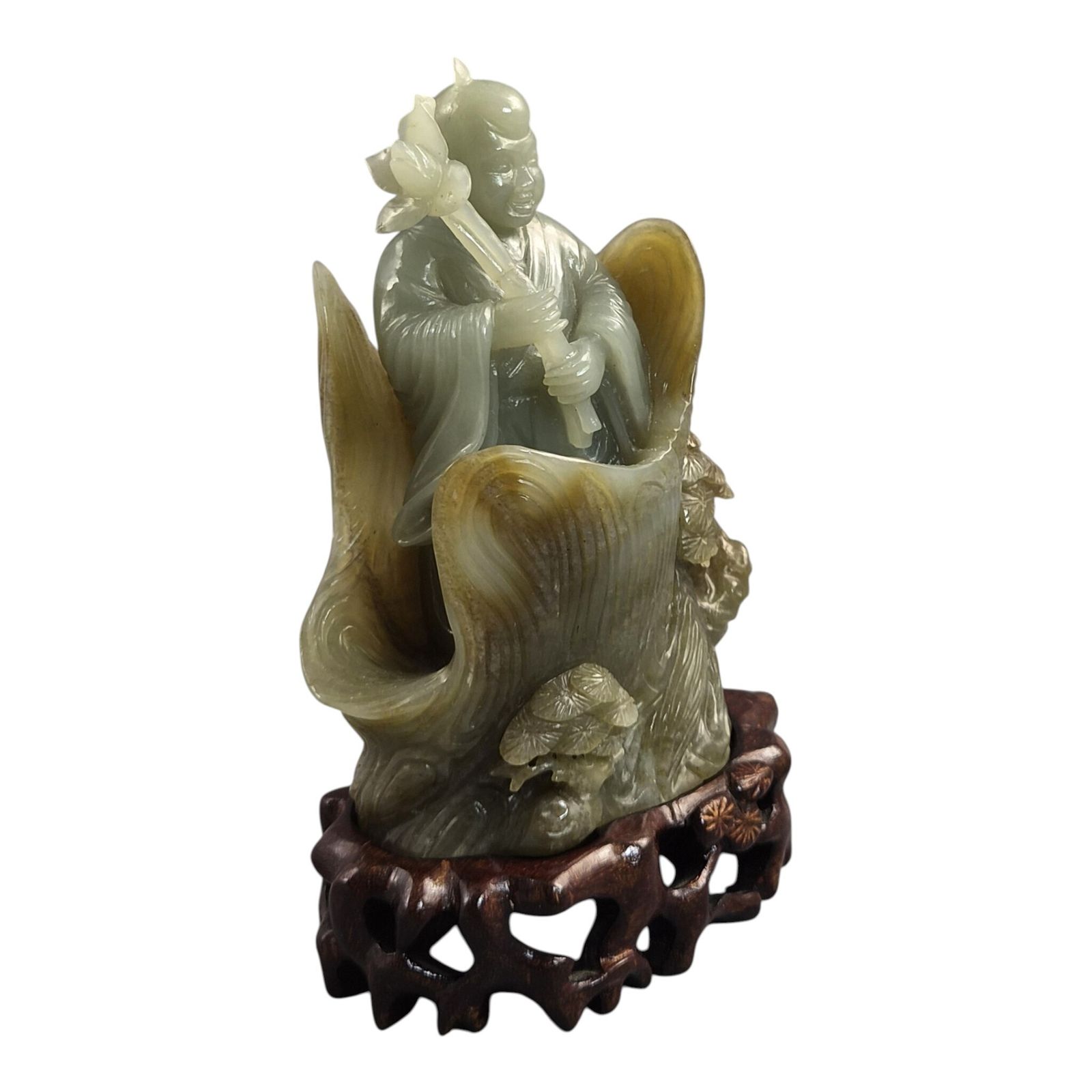 Large Chinese Carved Jadeite Lotus Figure On Fitted Wooden Stand photo buy