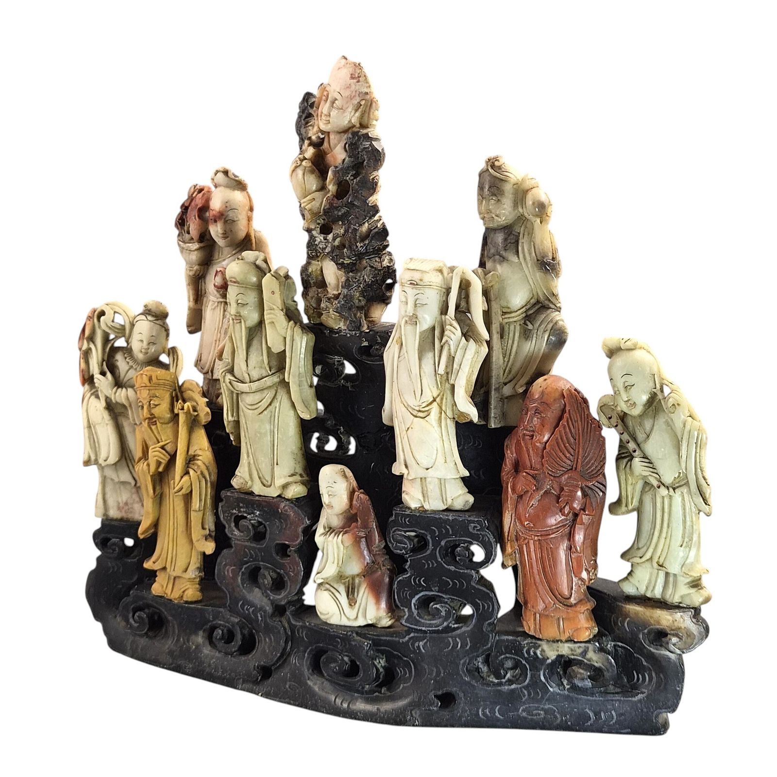 Chinese Soapstone Daoist Immortals Group On Pierced Rock Base, Early 20th Century photo furniture