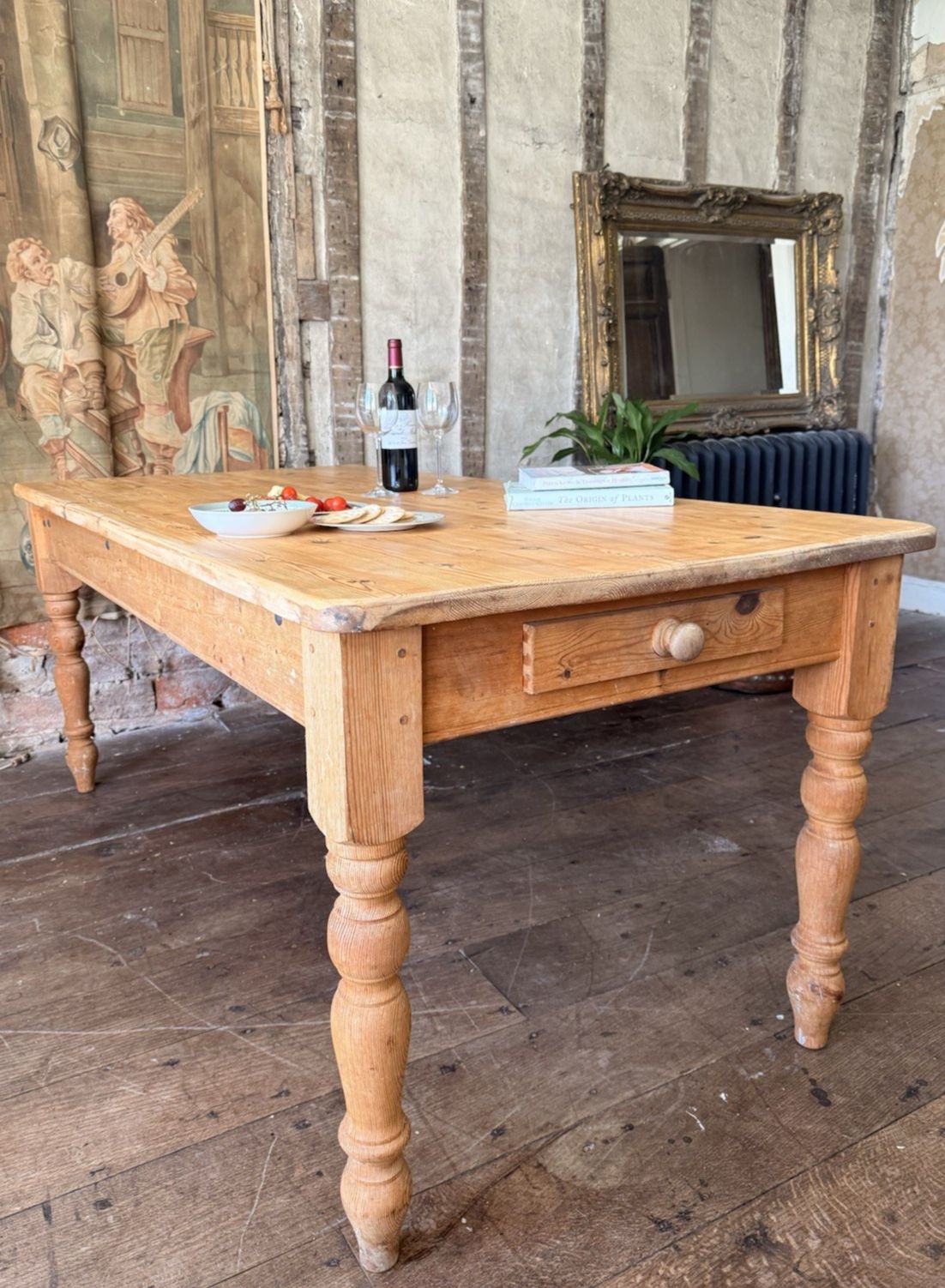 Vintage Rustic Country Farmhouse Pine Dining Kitchen Table W/ Drawer  Seats 6 8