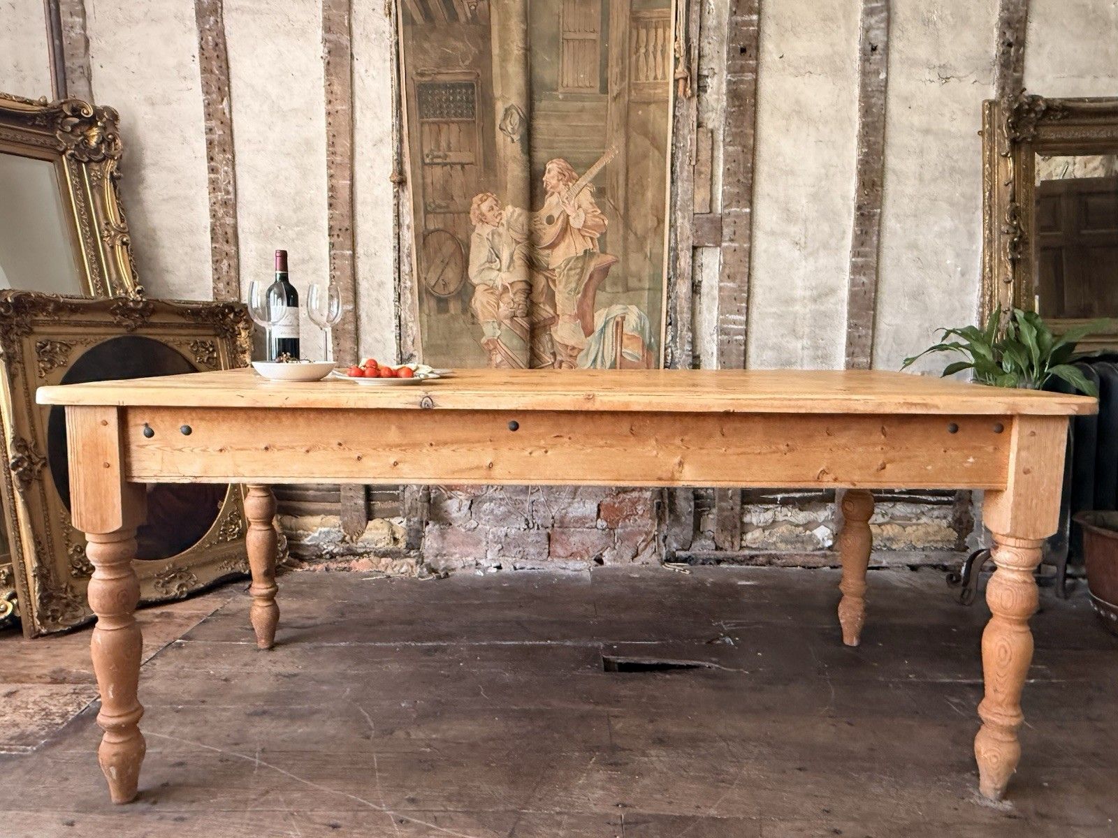 Vintage Rustic Country Farmhouse Pine Dining Kitchen Table W/ Drawer  Seats 6 8 photo furniture
