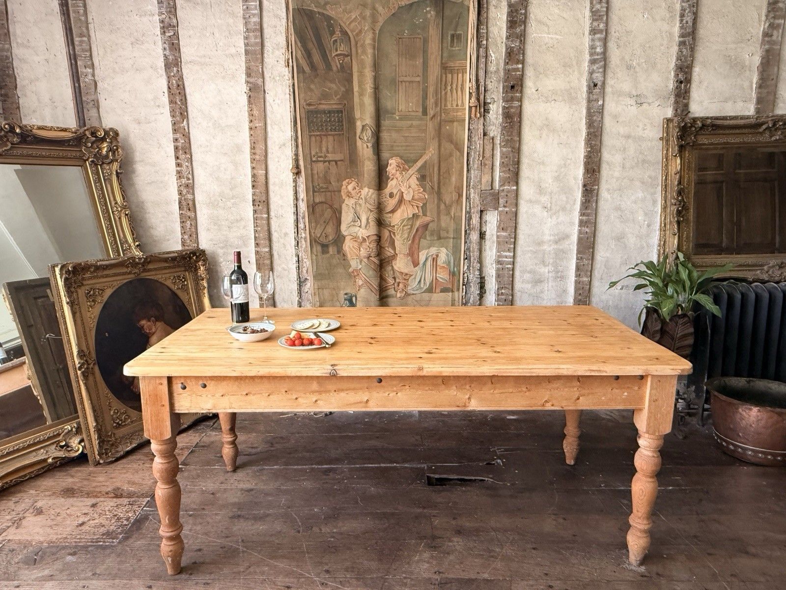 Vintage Rustic Country Farmhouse Pine Dining Kitchen Table W/ Drawer  Seats 6 8 photo for sale
