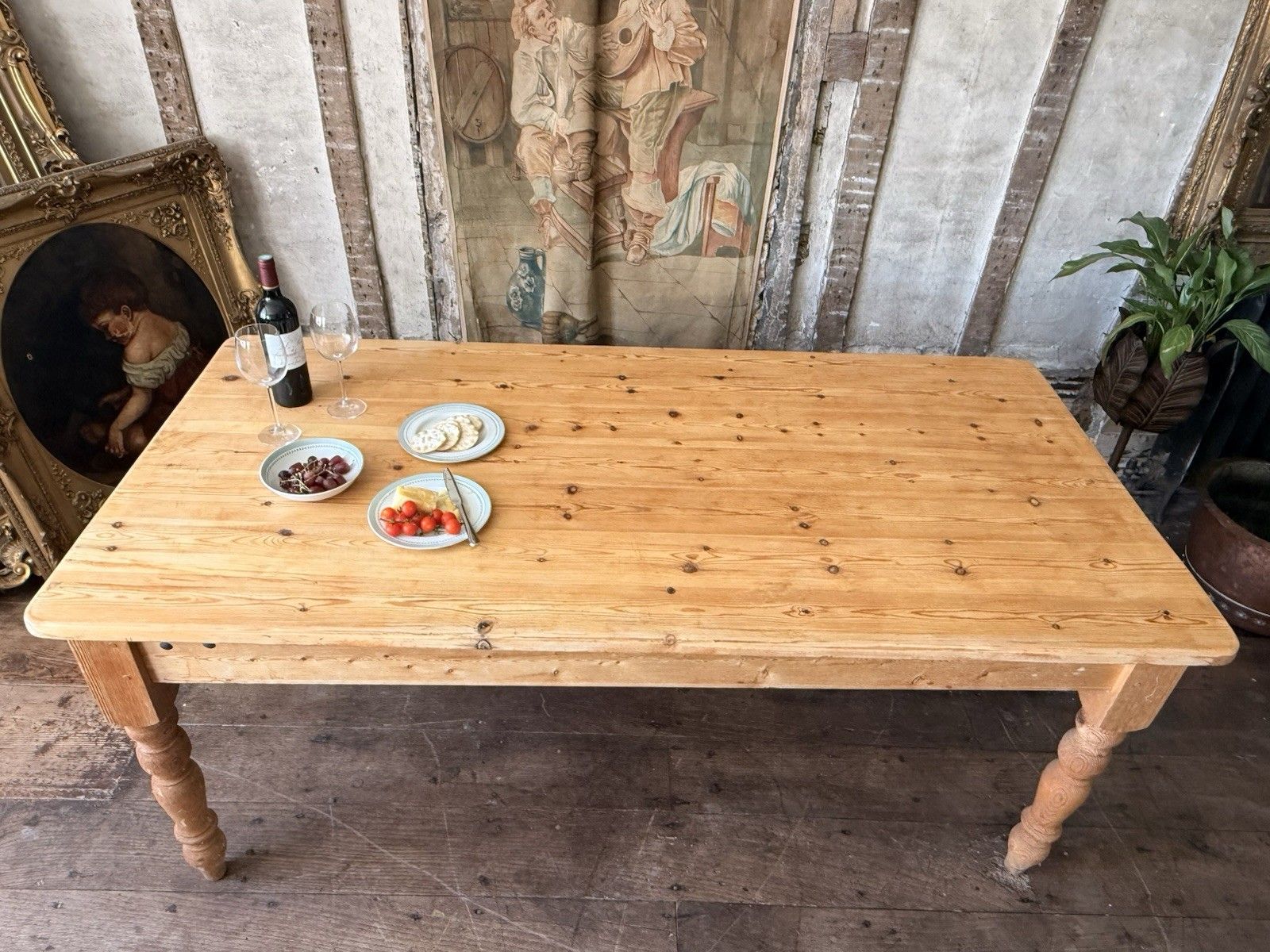 Vintage Rustic Country Farmhouse Pine Dining Kitchen Table W/ Drawer  Seats 6 8 photo 599.0