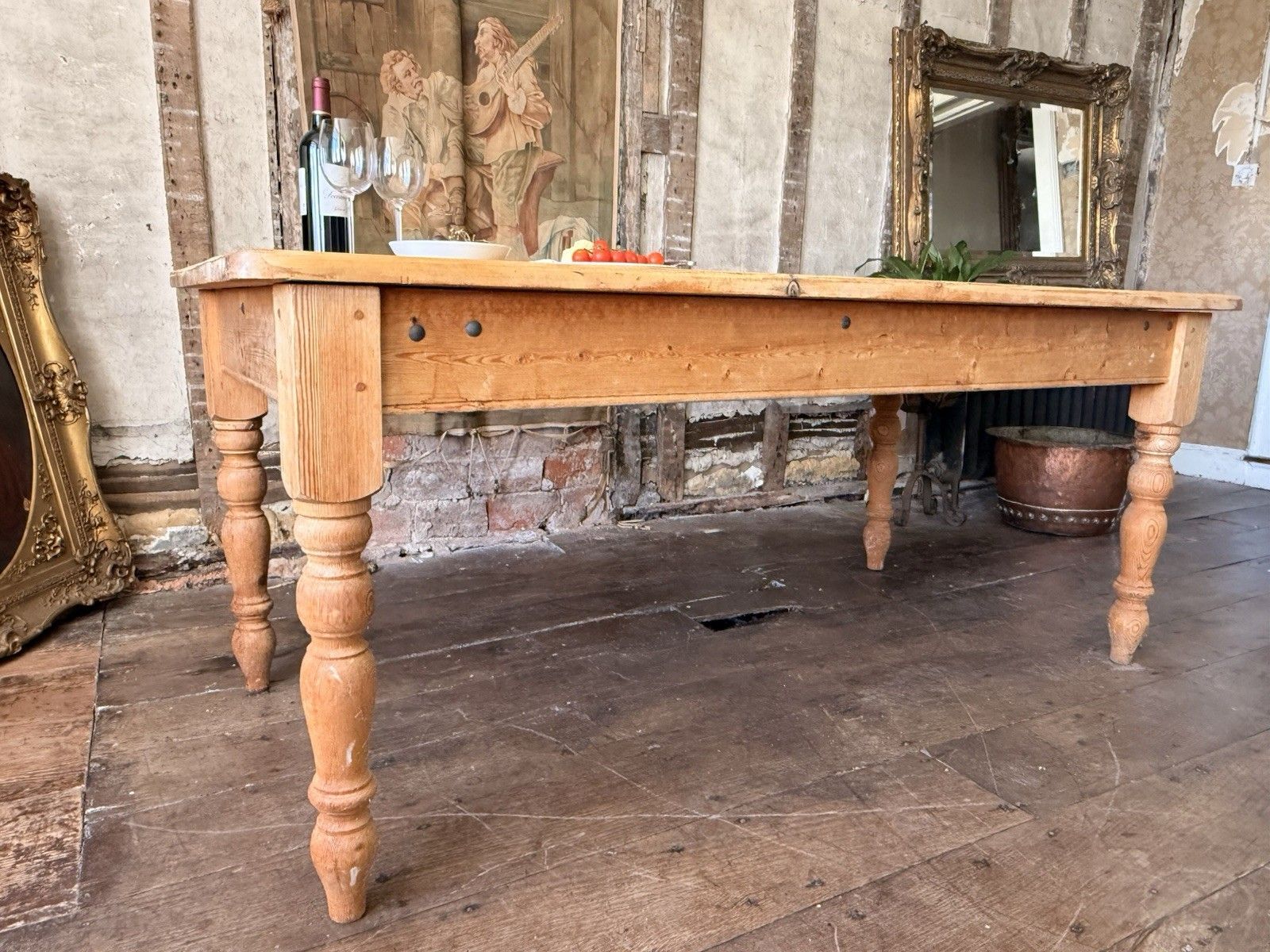 Vintage Rustic Country Farmhouse Pine Dining Kitchen Table W/ Drawer  Seats 6 8 photo vintage
