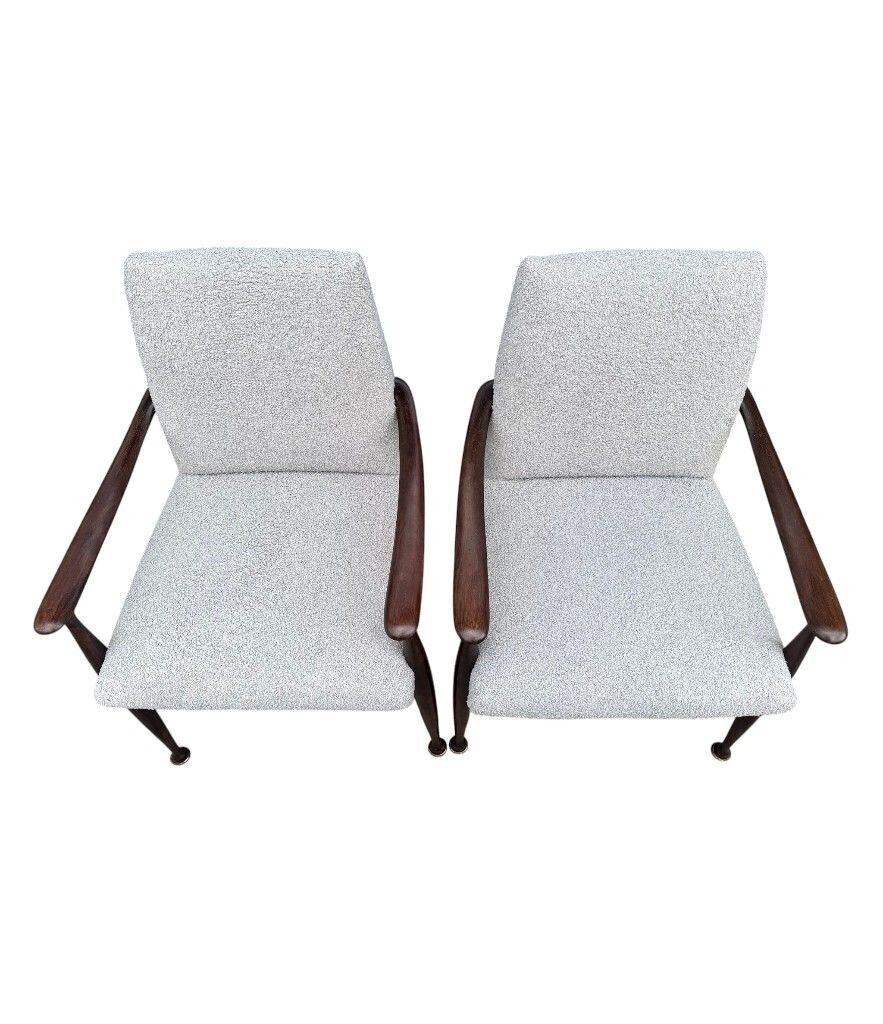 A Pair Of Italian 1950s Wallnut Chairs By Cassina Newly Upholstered In Light Grey Boucle photo vinterior