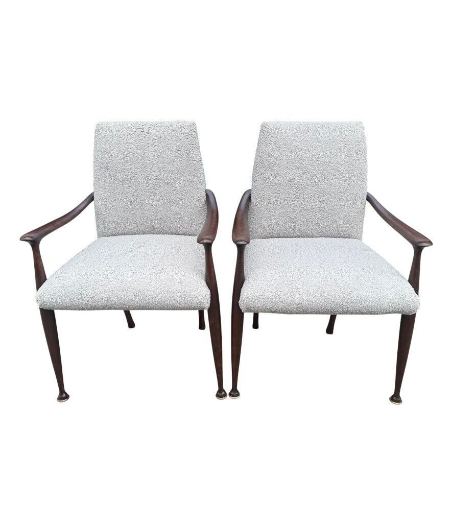 A Pair Of Italian 1950s Wallnut Chairs By Cassina Newly Upholstered In Light Grey Boucle photo buy
