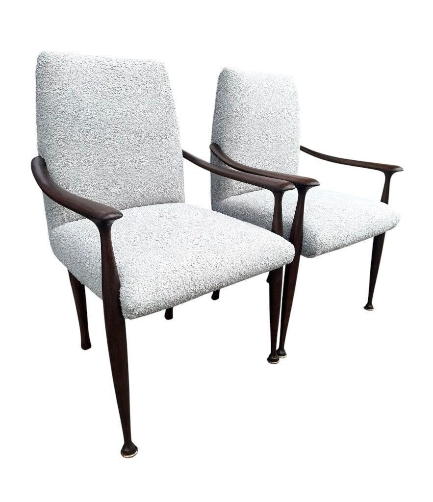 Furniture A Pair Of Italian 1950s Wallnut Chairs By Cassina Newly Upholstered In Light Grey Boucle photo