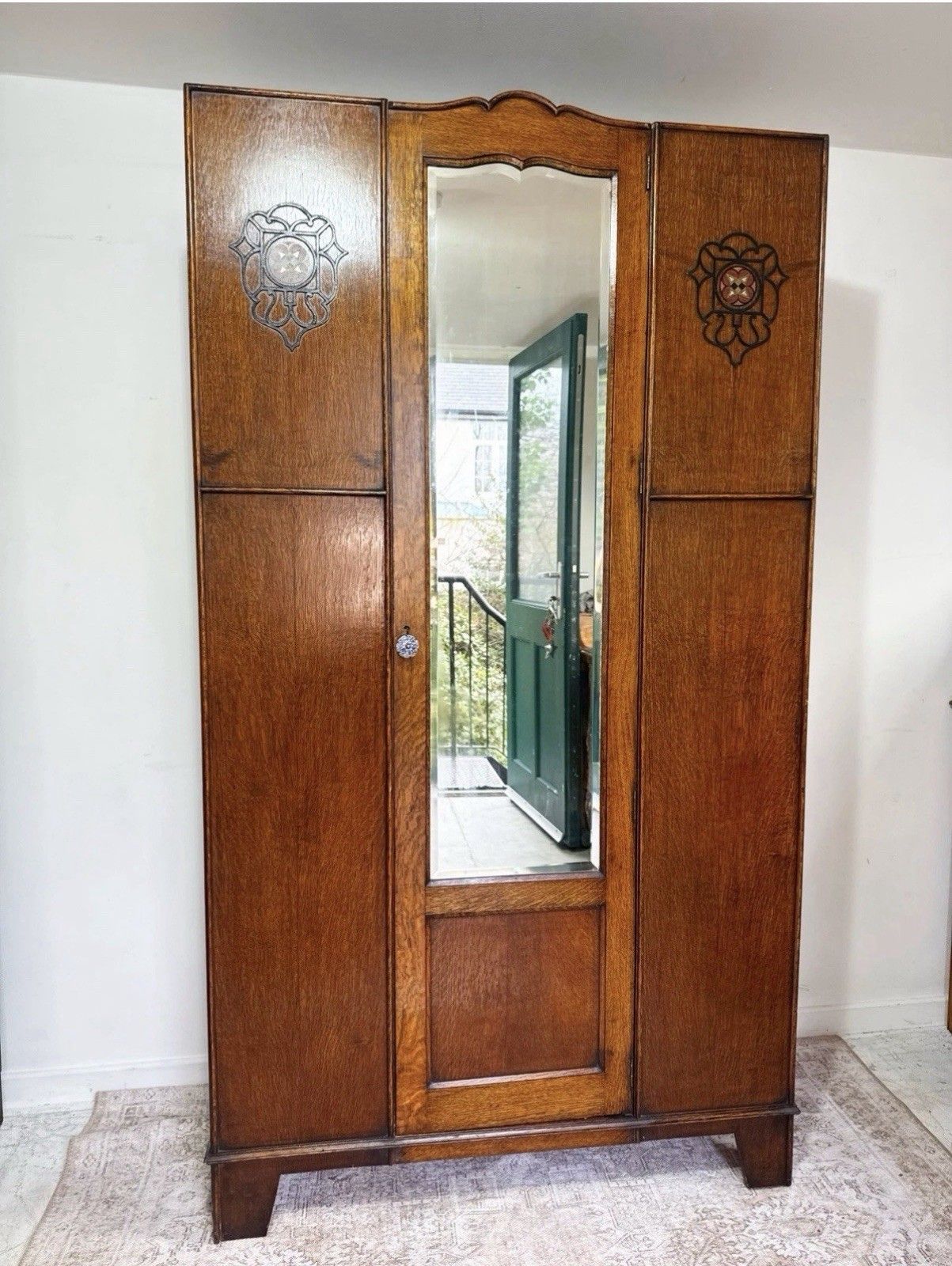 Vintage Antique Wardrobe Arts & Crafts Oak Hall Cloak Cupboard Art Nouveau