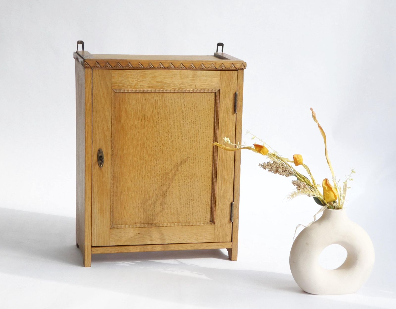 Antique Light Oak Art Deco Medicine Cabinet, Small Apothecary Chest With Carved Details