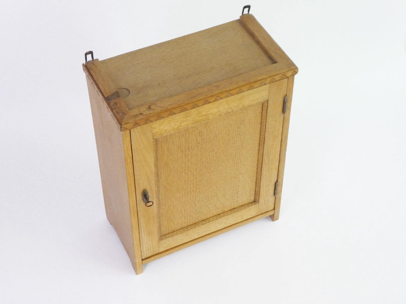 Antique Light Oak Art Deco Medicine Cabinet, Small Apothecary Chest With Carved Details photo for sale