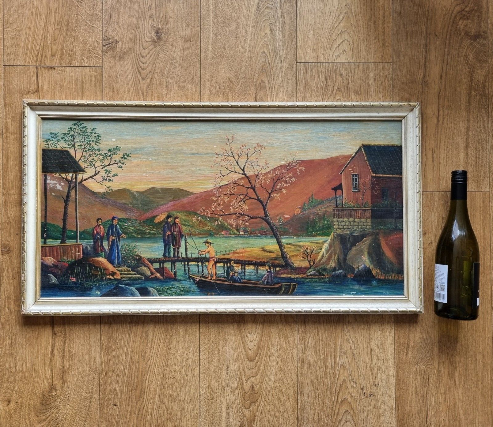 Vintage Framed Oil Painting Asian Oriental Landscape Scene Boat Figures photo for sale