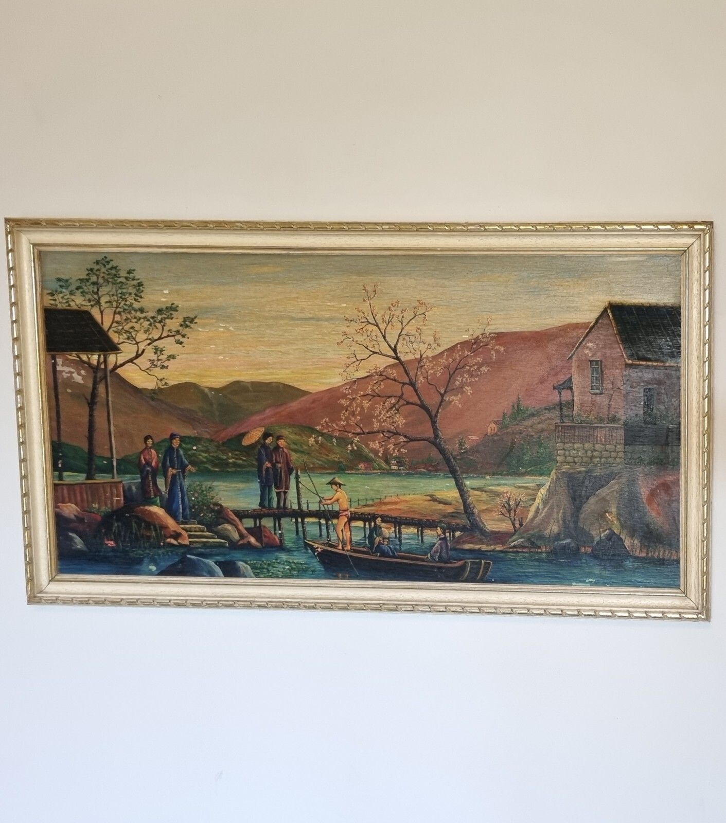 Vintage Framed Oil Painting Asian Oriental Landscape Scene Boat Figures photo Art