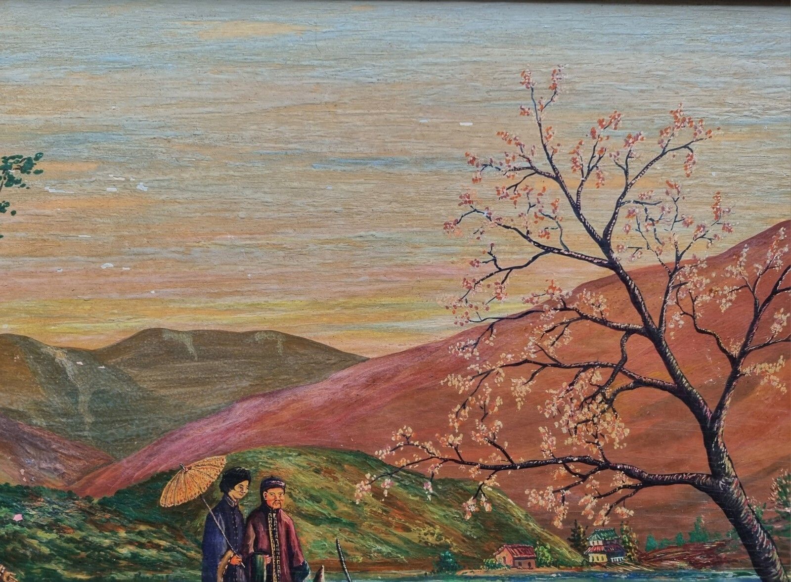 Vintage Framed Oil Painting Asian Oriental Landscape Scene Boat Figures photo vintage