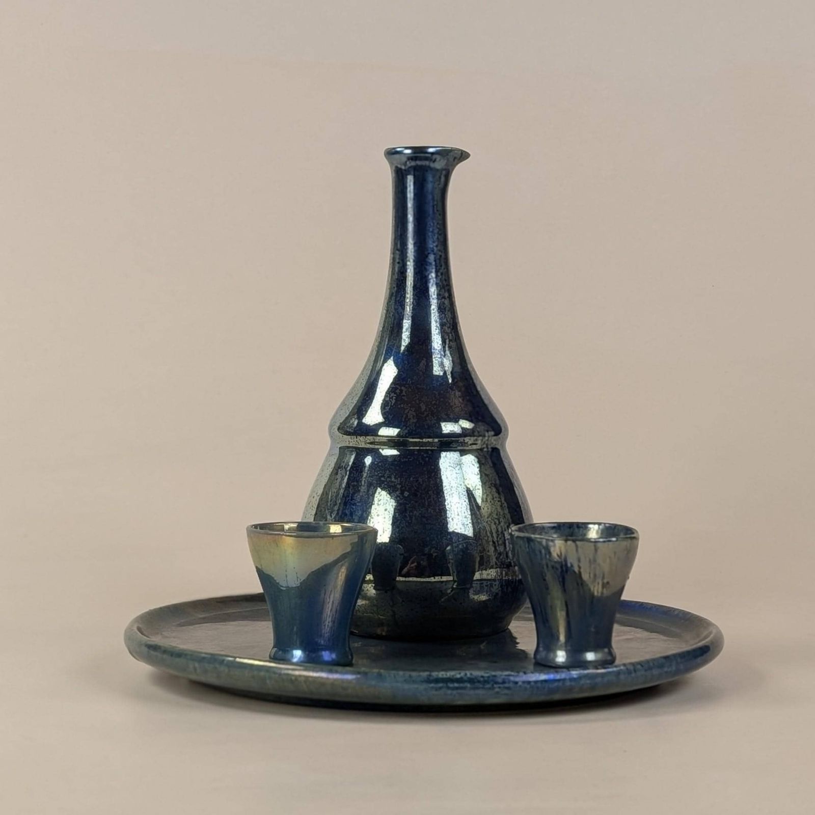 Liqueur Set, Flamed Stoneware Rambervillers Alphonse Cytere Blue Luster Ceramic Carafe Cups Tray Art Deco