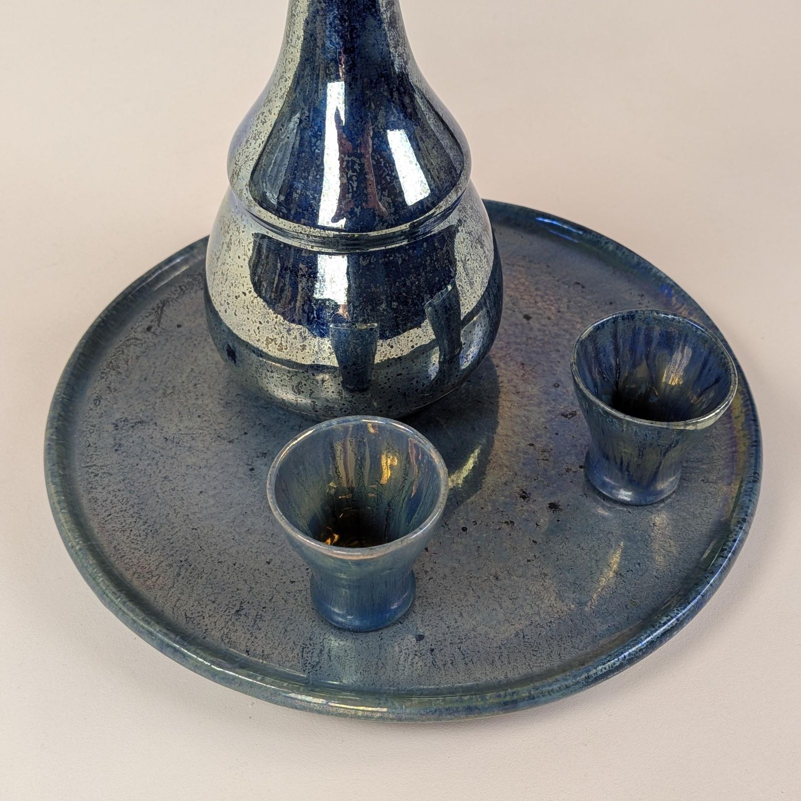 Liqueur Set, Flamed Stoneware Rambervillers Alphonse Cytere Blue Luster Ceramic Carafe Cups Tray Art Deco photo Home Decor