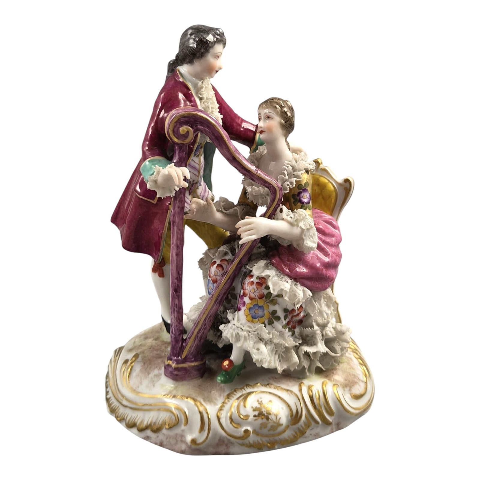 French Paris Porcelain Lace Musical Couple With Harp photo buy