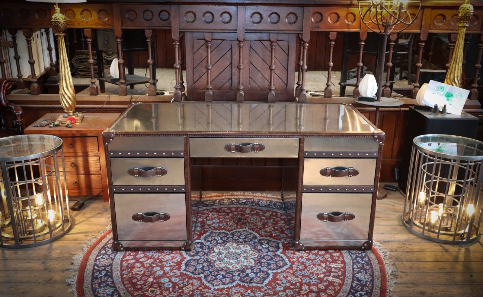 Timothy Oulton Stoneyhurst Mayfair Leather Desk Brushed Steel Vintage Cigar 🚚 photo for sale
