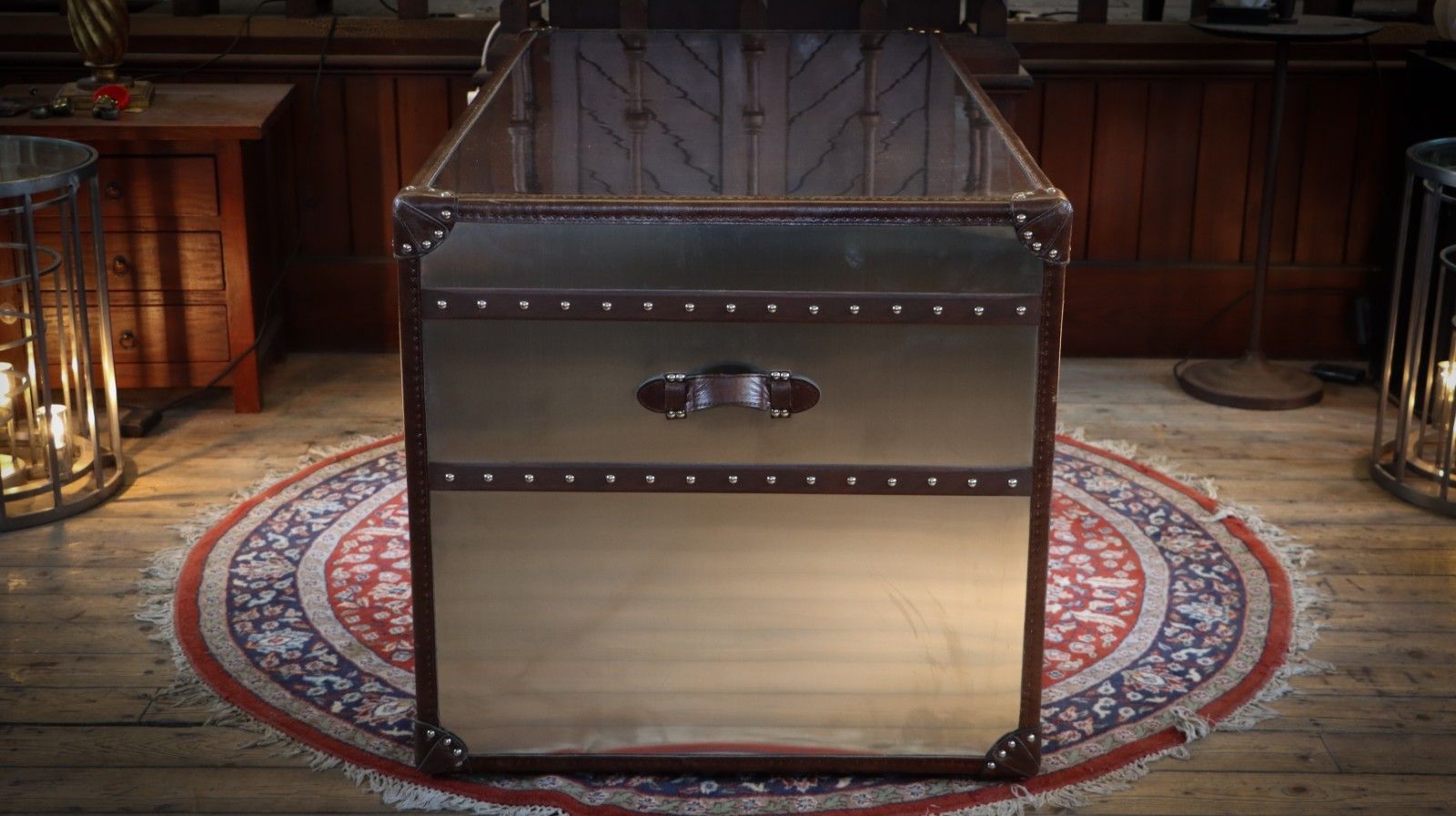 photo for sale Timothy Oulton Stoneyhurst Mayfair Leather Desk Brushed Steel Vintage Cigar 🚚