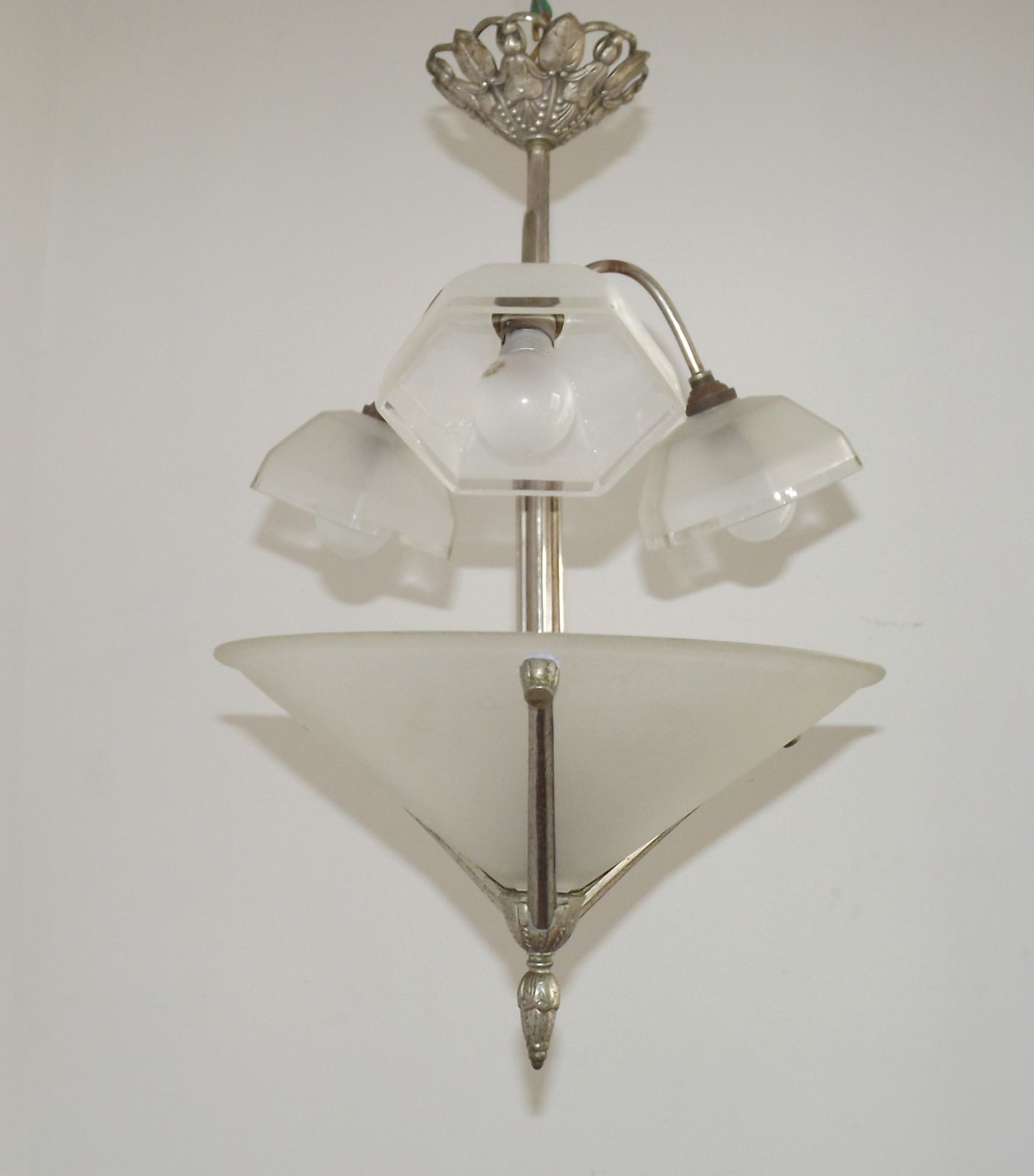 French Art Deco Silver Metal 3 Light Chandelier With Large Cone & 3 Hexagonal Glass Shades photo for sale