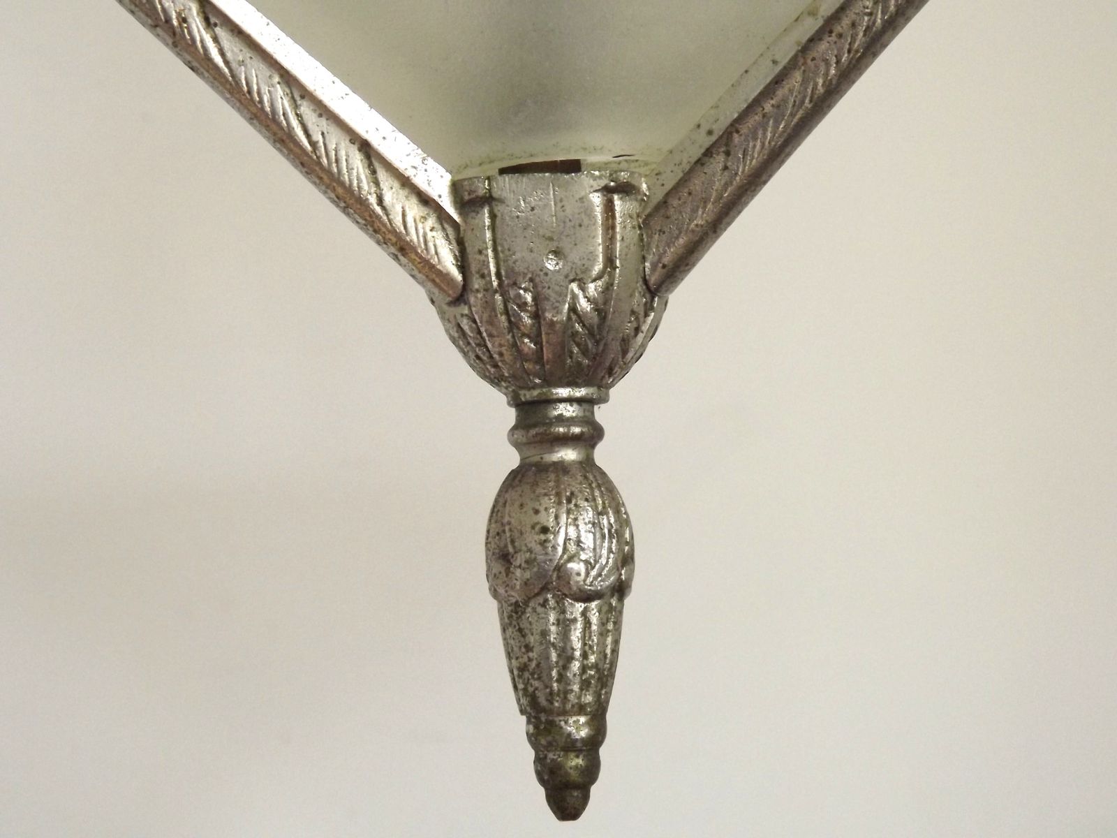 325.0 French Art Deco Silver Metal 3 Light Chandelier With Large Cone & 3 Hexagonal Glass Shades photo