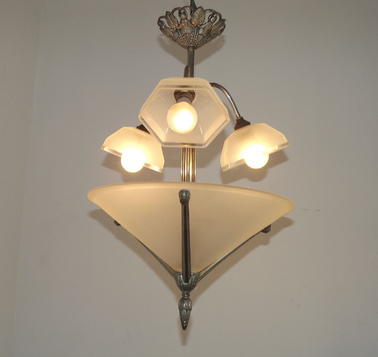 French Art Deco Silver Metal 3 Light Chandelier With Large Cone & 3 Hexagonal Glass Shades photo furniture