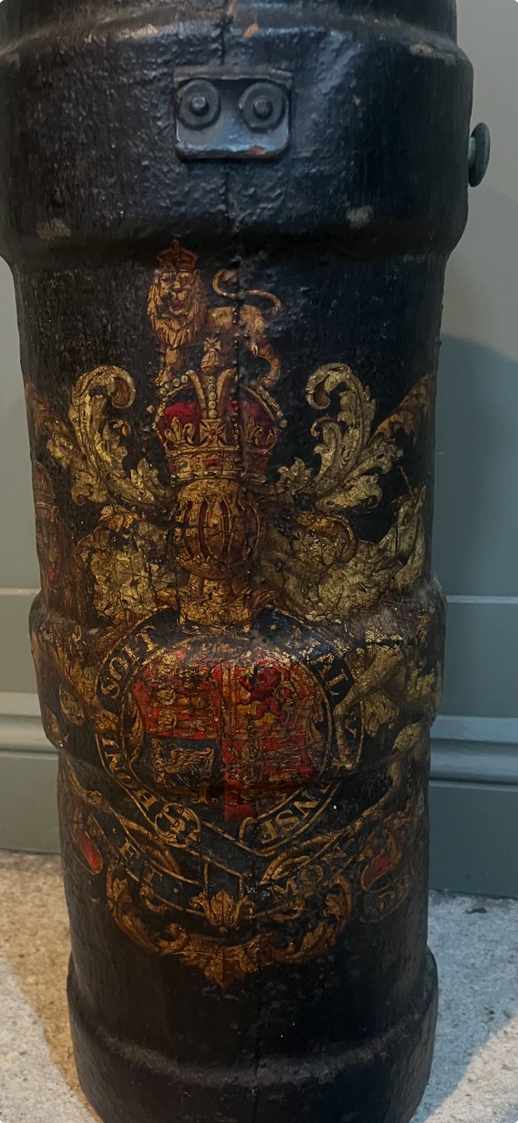 Antique Stick/Umbrella Stand Leather Cordite Shell Case W Royal Insignia photo furniture