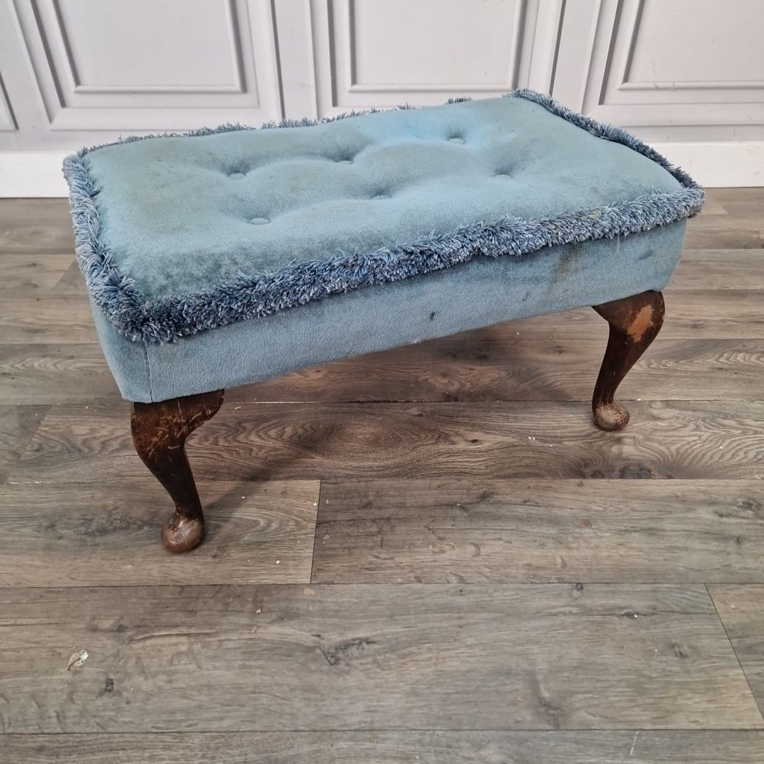 Vintage Upholstered Foot Stool Blue Tufted Bench Queen Anne Style Footstool Rest photo furniture