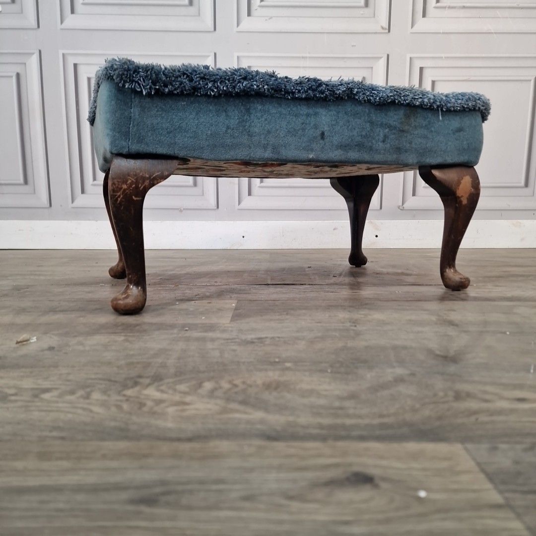 Vintage Upholstered Foot Stool Blue Tufted Bench Queen Anne Style Footstool Rest photo for sale