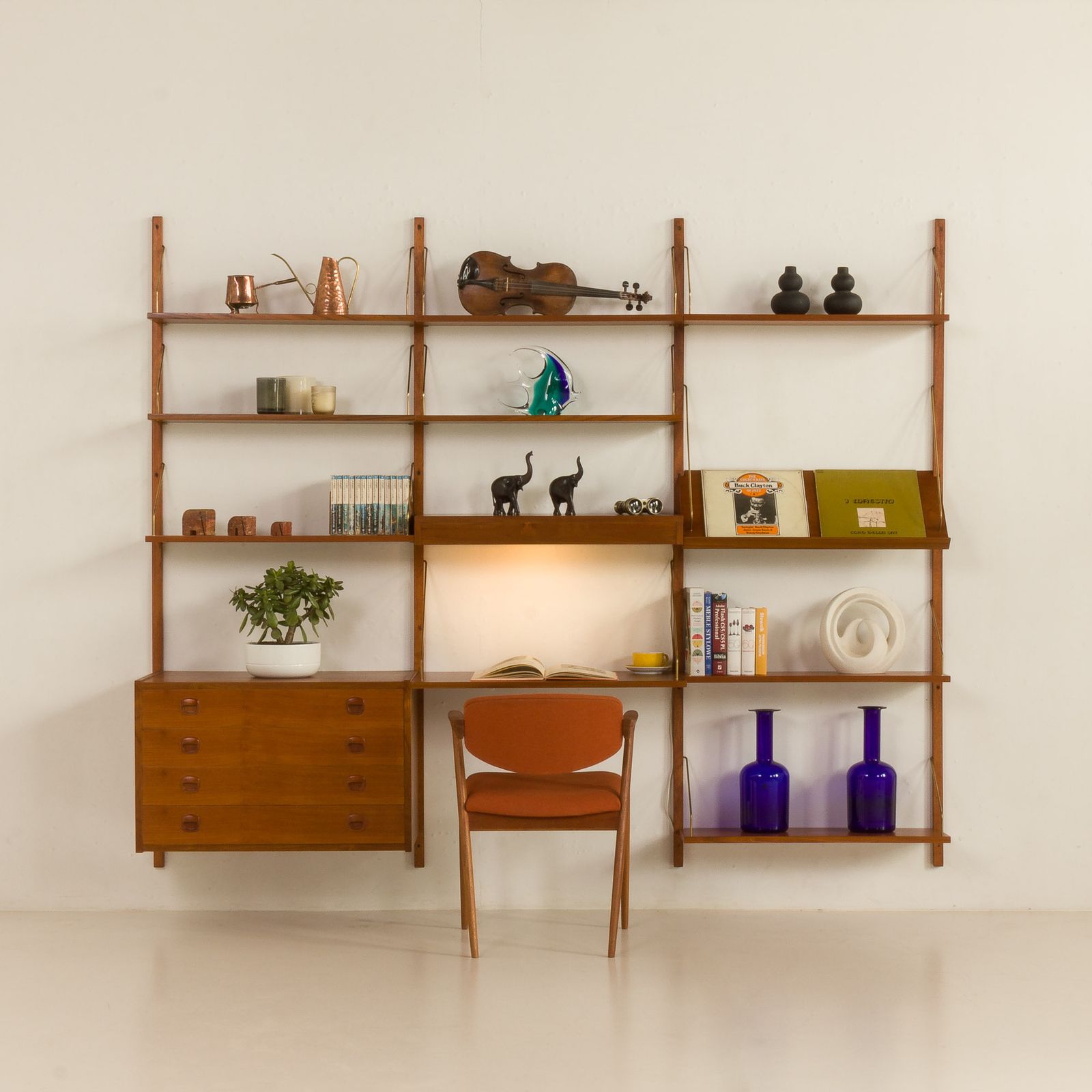 Danish Teak Wall Unit In The Style Of Cadovius, Sorensen With A Lamp, 1970s photo Furniture