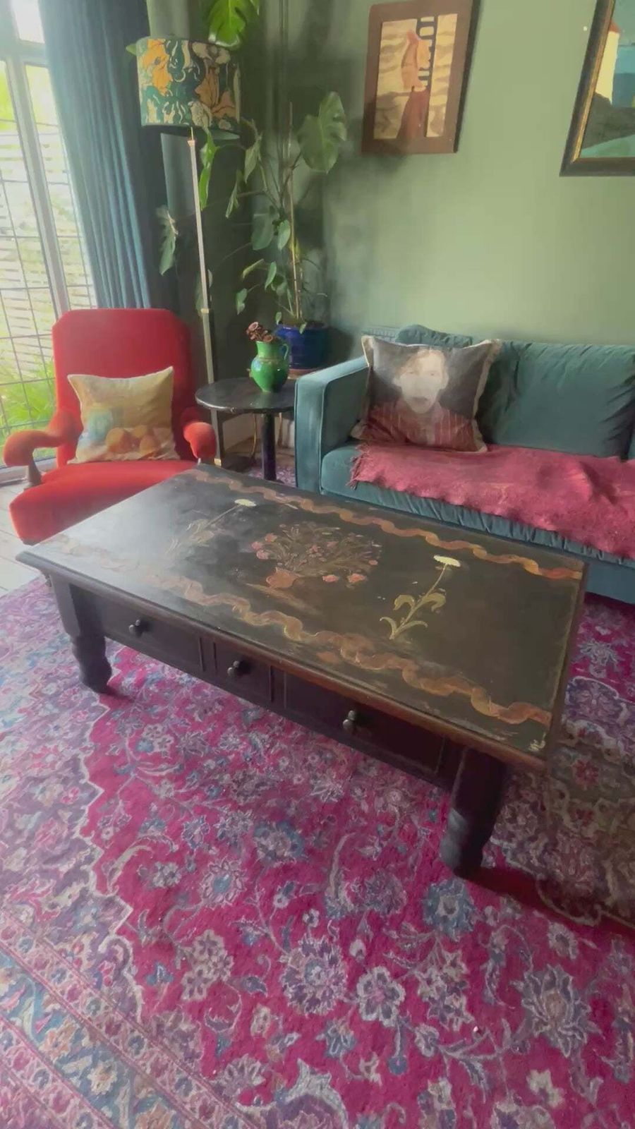 photo for sale Vintage Painted Coffee Table With Folk Art Design