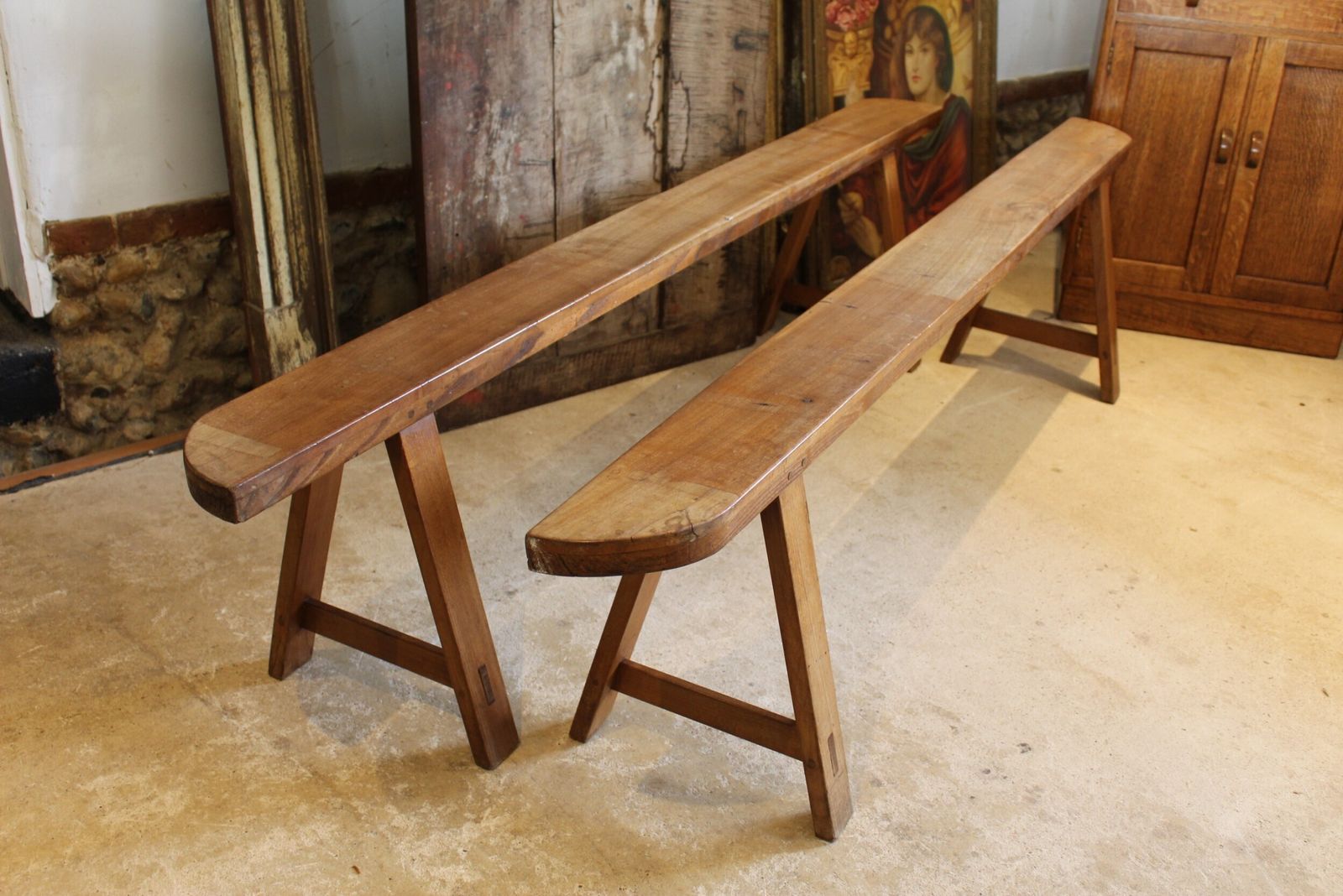 Benches Refectory French Fruitwood Dining Pair C1880 photo vintage