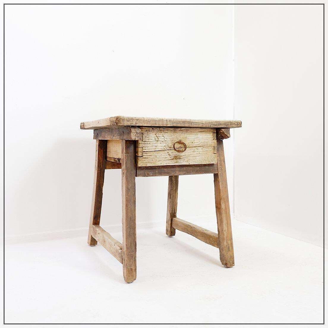 photo furniture Rustic Farmhouse Side Table With Drawer, Wood And Metal, Circa 1960