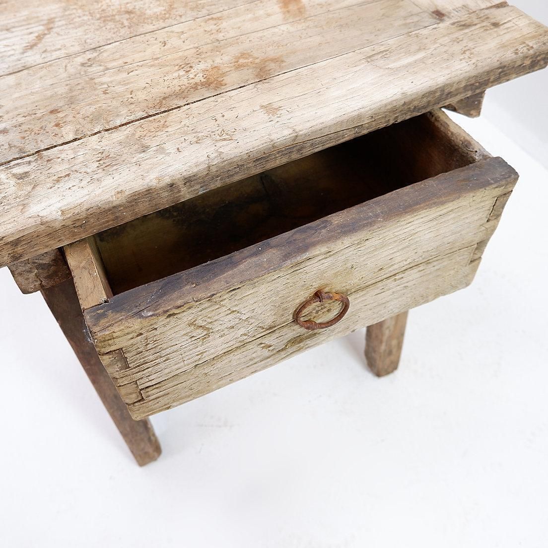 Furniture Rustic Farmhouse Side Table With Drawer, Wood And Metal, Circa 1960 photo