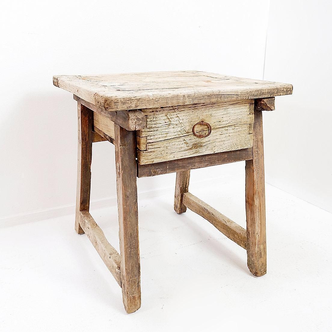 867.0 Rustic Farmhouse Side Table With Drawer, Wood And Metal, Circa 1960 photo