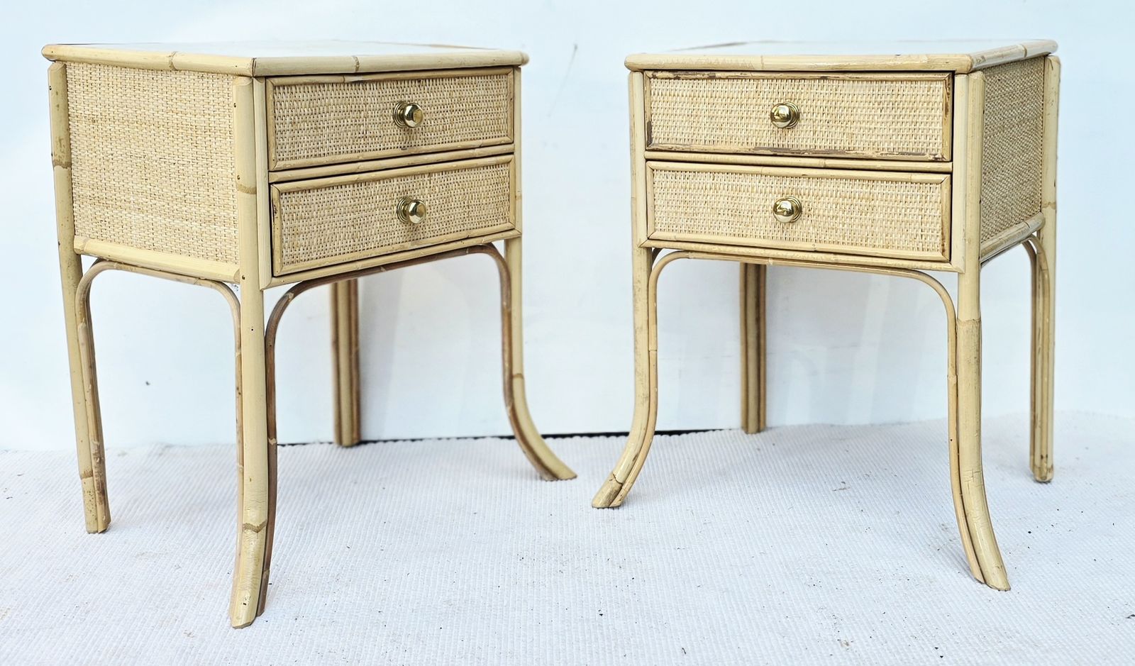 photo for sale A Pair Of Mid Century Angraves Bamboo Bedside Tables With Glass Tops.