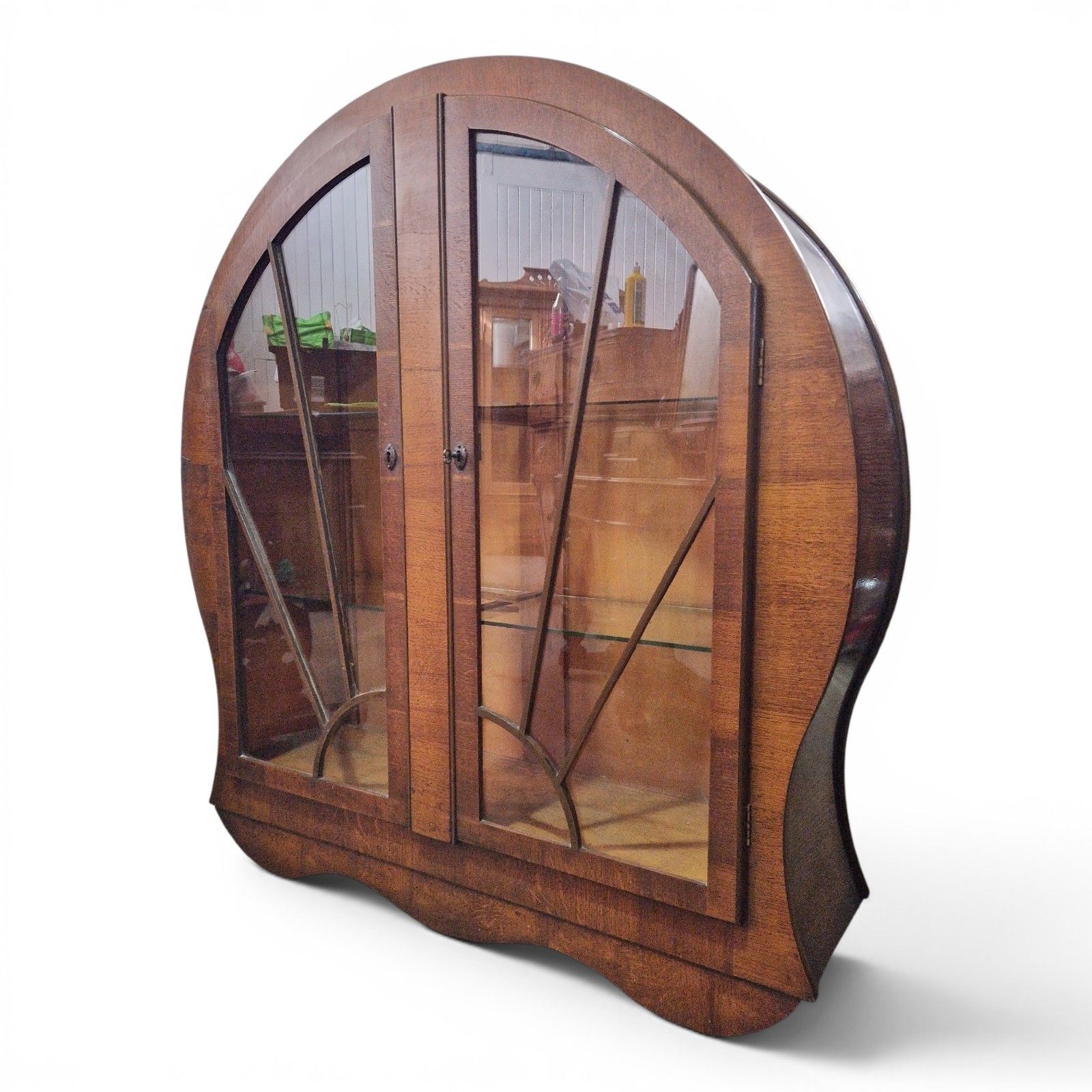 Art Deco Porthole Display Cabinet Glazed Mahogany Lockable Vintage Double Door