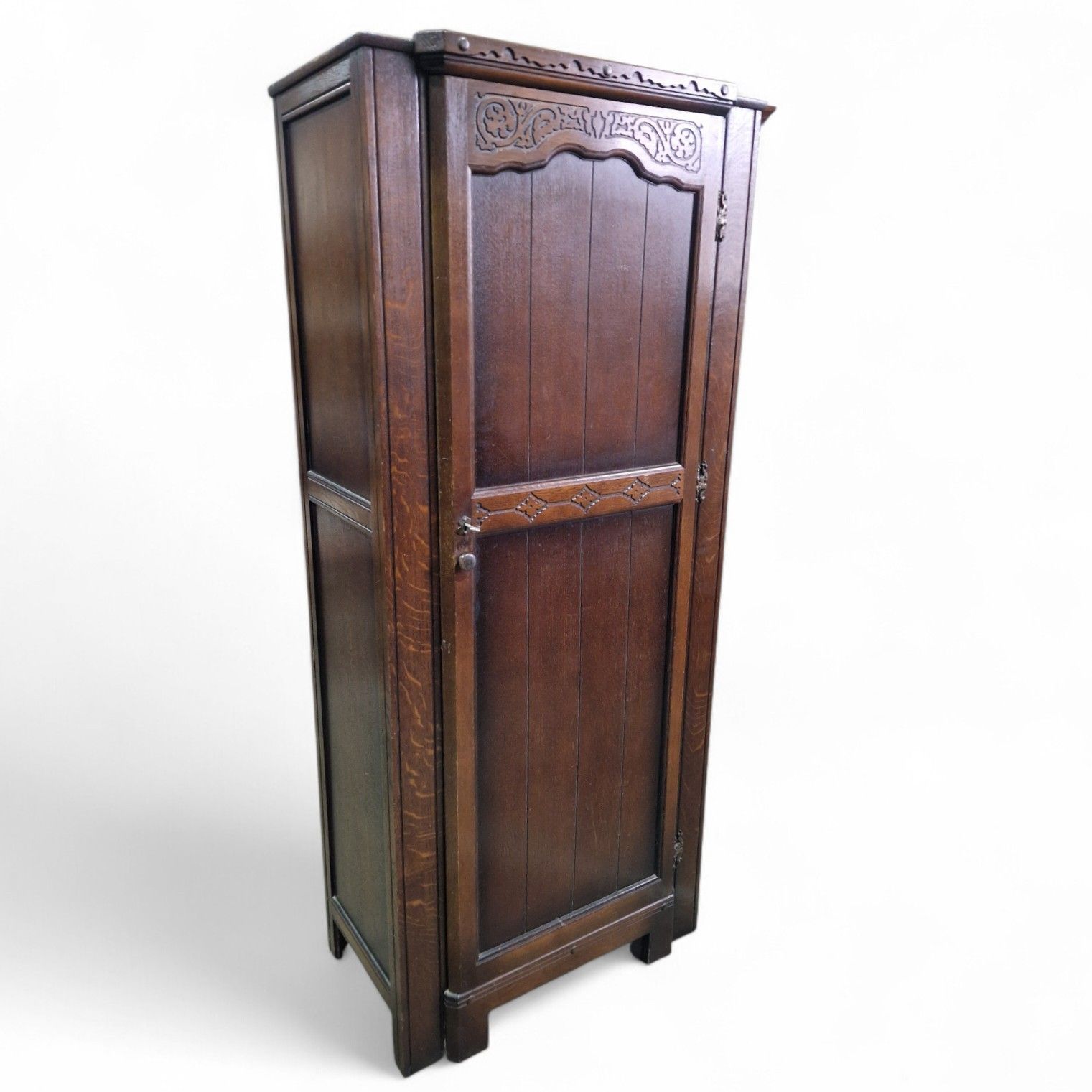 Carved Oak Fitted Wardrobe – Small Antique Vintage Single Robe Hall Cupboard