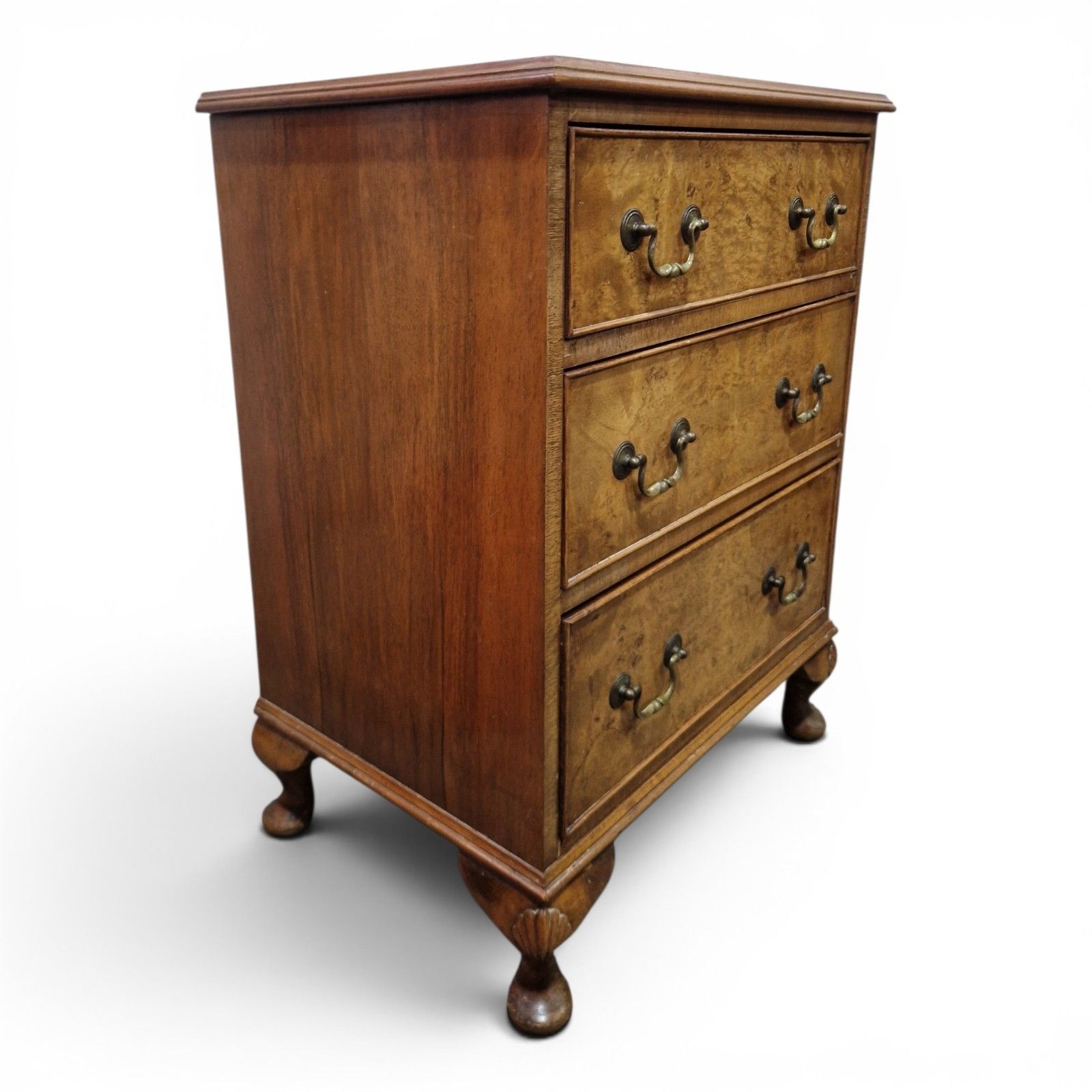 Walnut Chest Of 3 Drawers Cabriole Legs Figured Top Small Antique Style photo vinterior