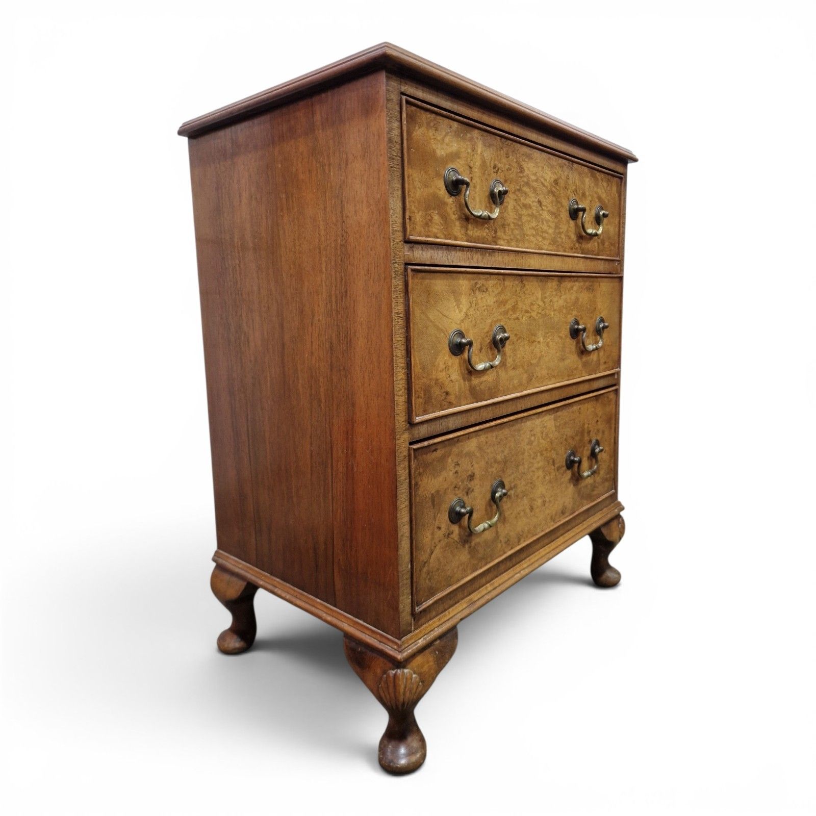 photo for sale Walnut Chest Of 3 Drawers Cabriole Legs Figured Top Small Antique Style