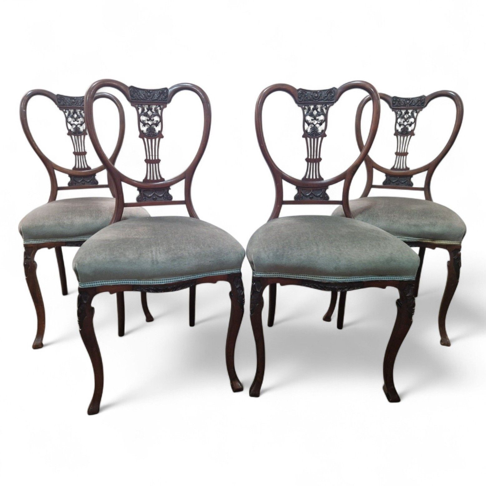 Set 4 Victorian Mahogany Dining Chairs Carved Balloon Back Blue Upholstery photo furniture
