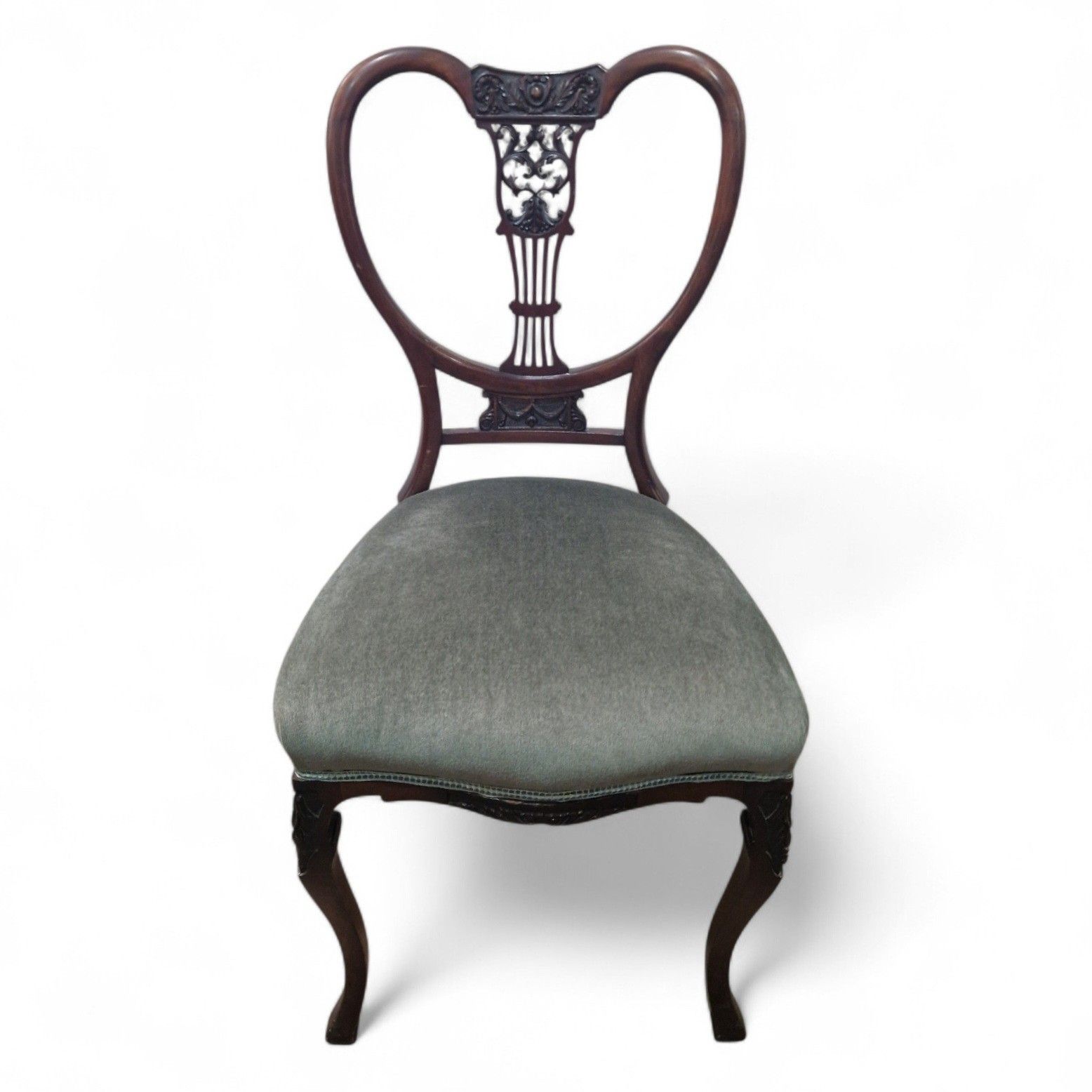 Set 4 Victorian Mahogany Dining Chairs Carved Balloon Back Blue Upholstery photo vintage