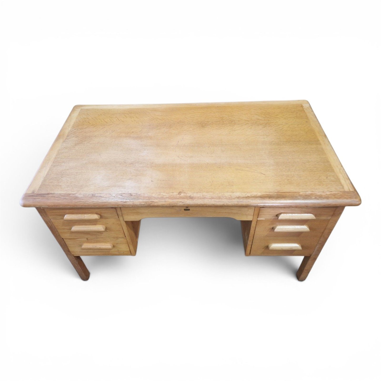 Abbess Light Oak Desk Early 20th Century Large Kneehole Office Table Drawers photo for sale