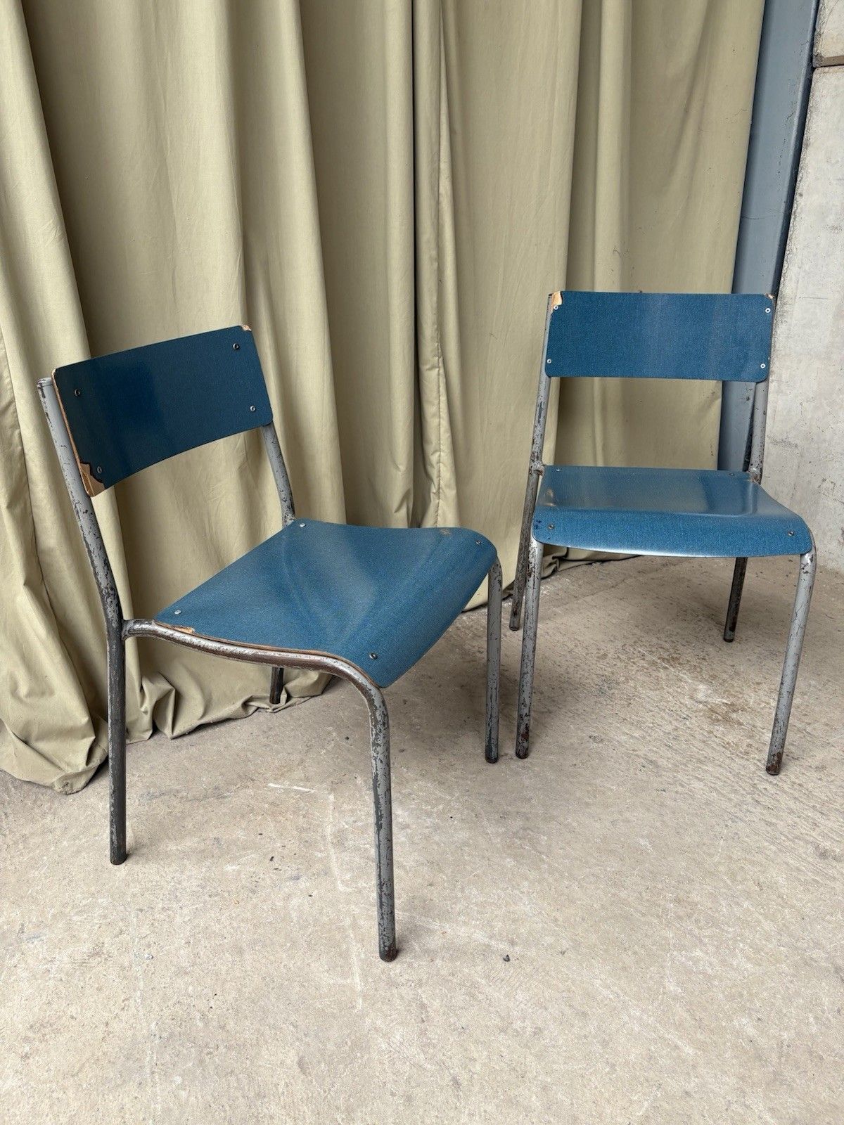 photo for sale Vtg Mid Century Industrial Metal Set Of 2 Stacking Dining Chairs Retro R1195