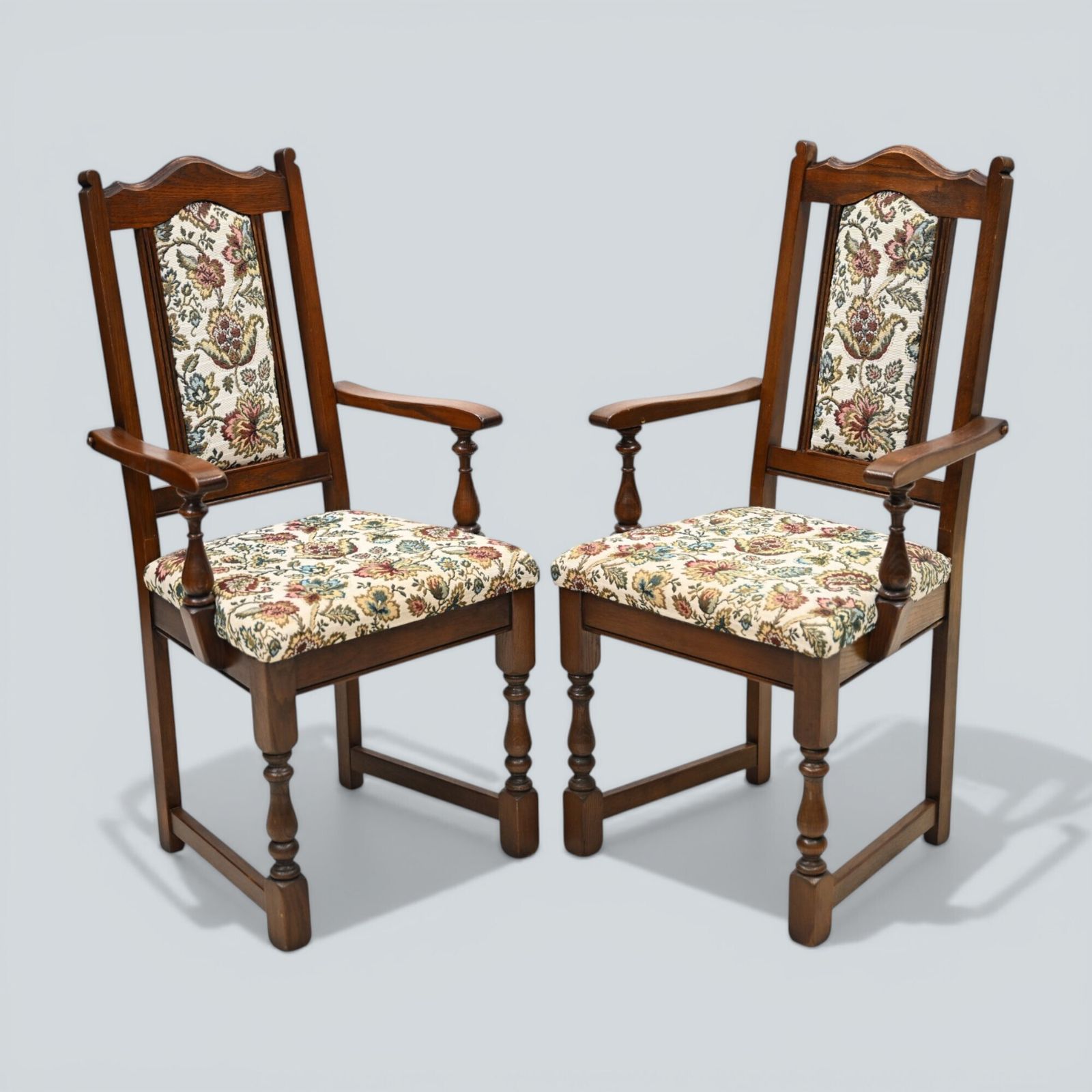 2 Old Charm Dining Chairs Carvers Solid Oak Tudor Brown Trellis Free Uk Delivery photo vintage