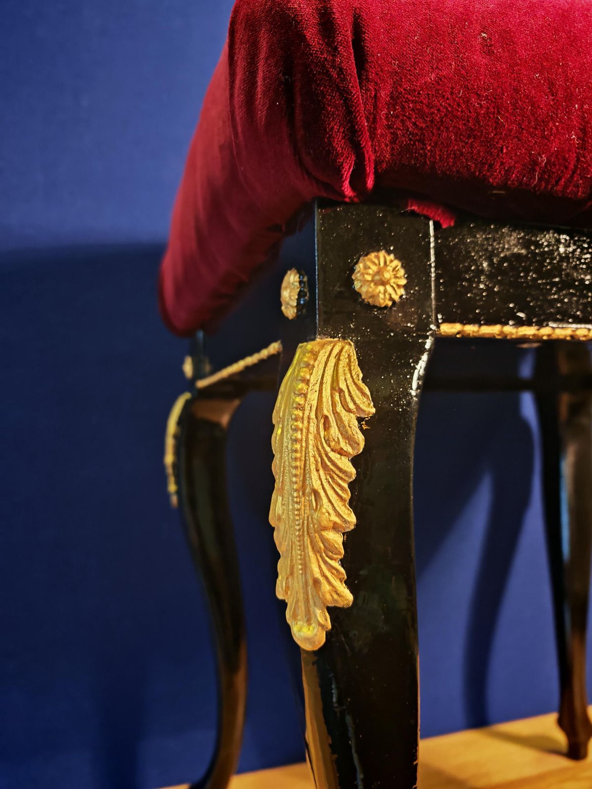 Vintage Refurbished French Style Vanity Stool. Burgundy Velvet. Black Satinwood & Gold Embellishments Rococo   Very Good Condition 54cm Tall photo Furniture